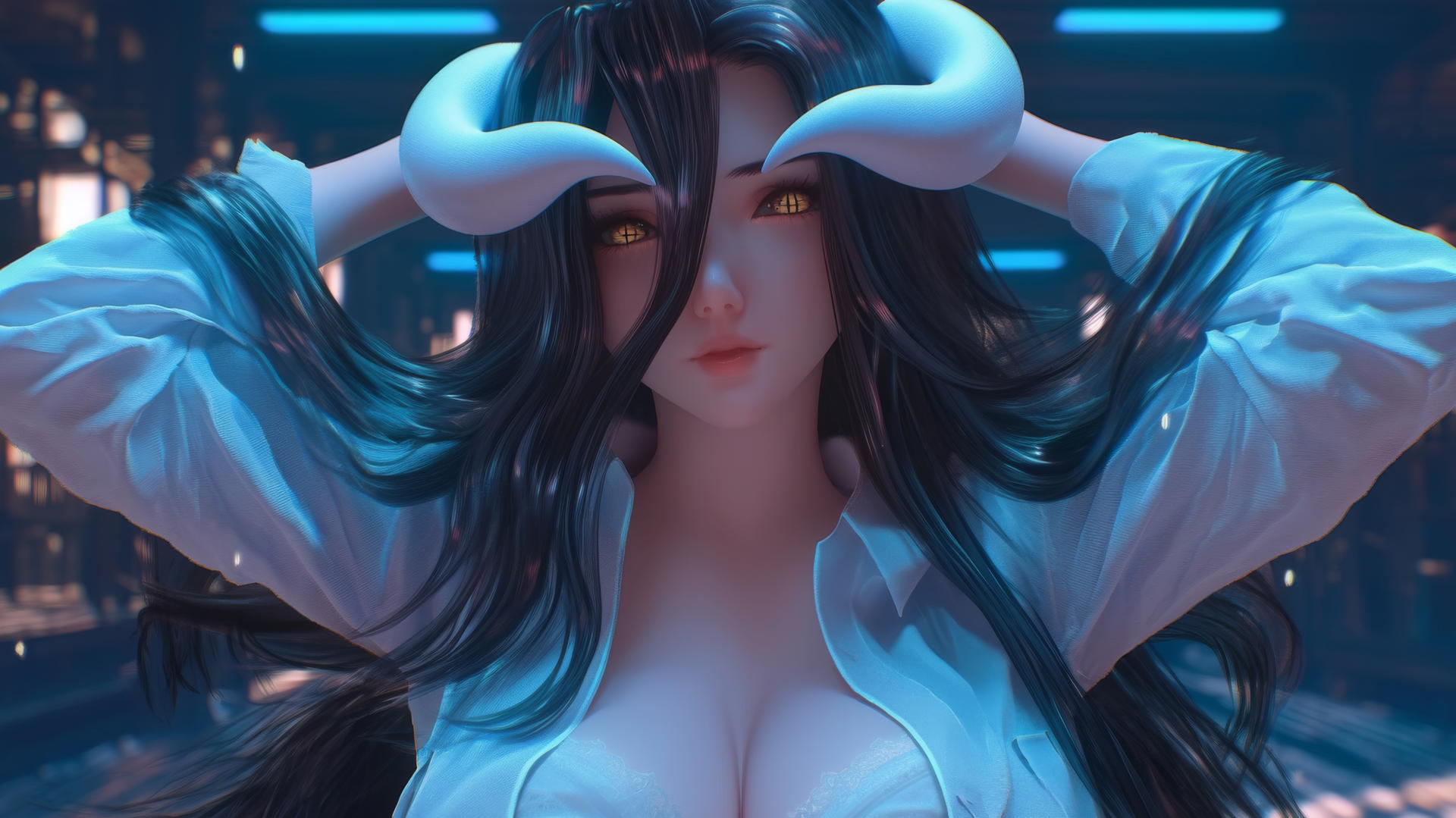 Albedo from Overlord kneeling, looking down in office attire, neon-lit glow.