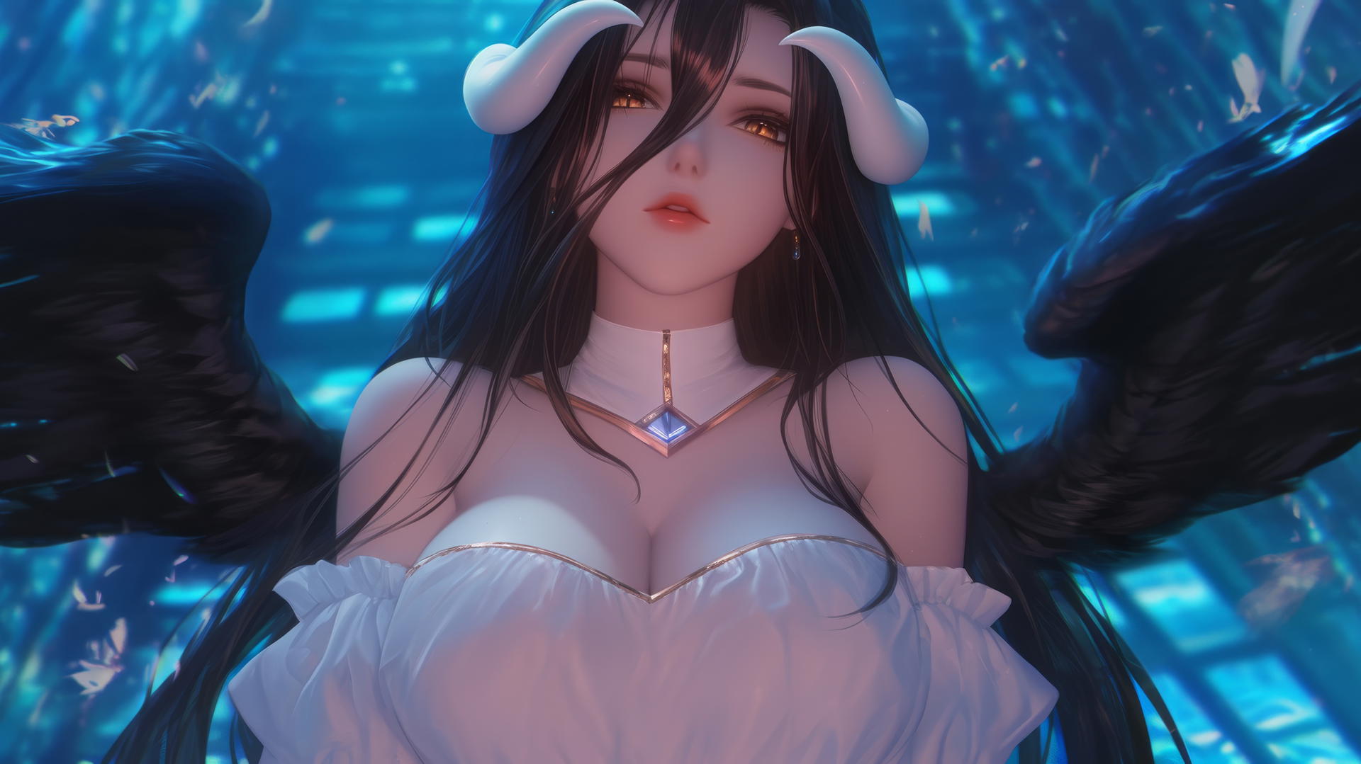 Albedo from Overlord kneeling, neon ceiling light glow, golden irises, horns.