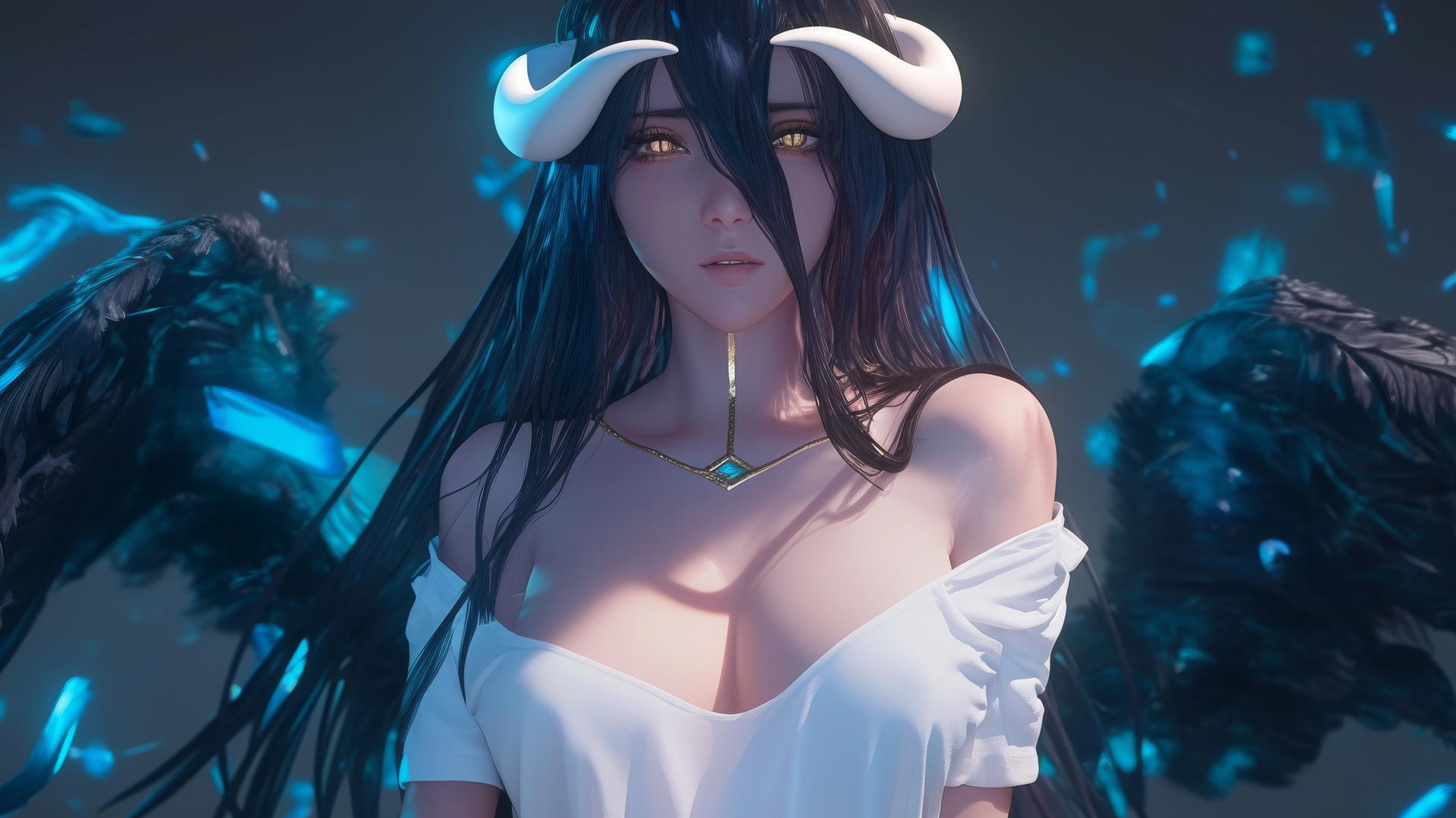 Albedo from Overlord kneeling and looking down, with golden eyes and crooked horns, in neon light.