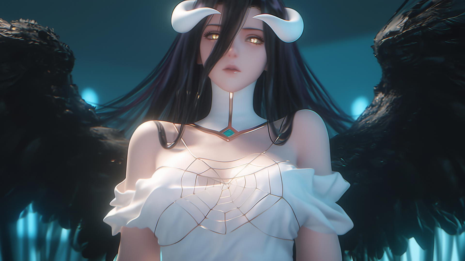 Albedo from Overlord kneeling, looking down, neon glow, white t-shirt, horns