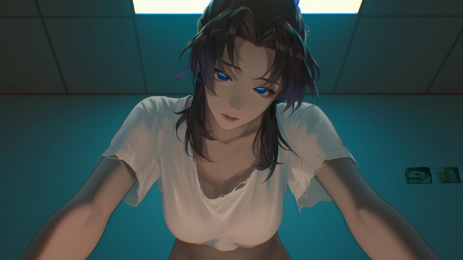 Shinobu Kocho from Demon Slayer kneeling and looking down with hotel ceiling background