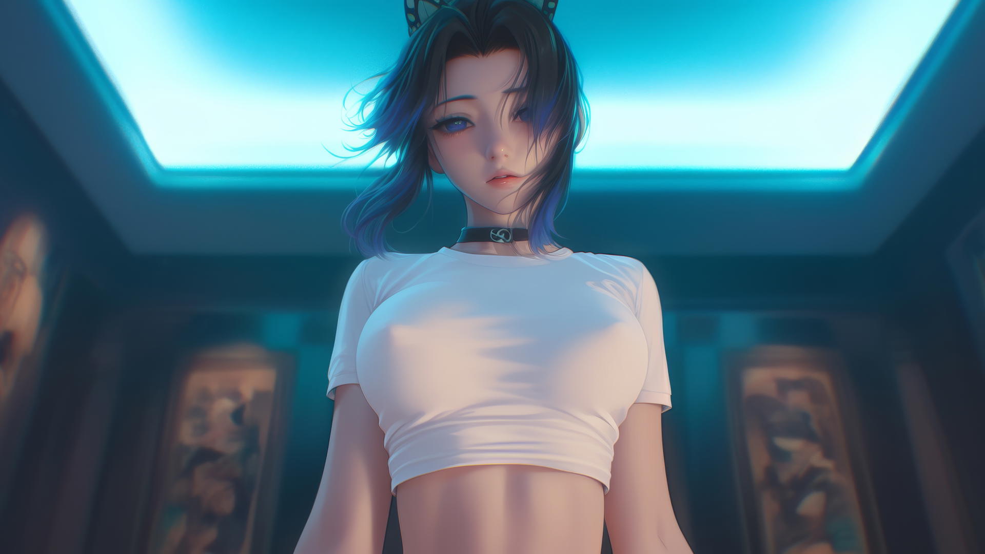 Shinobu Kocho in broken white t-shirt, kneeling and looking down, with hotel ceiling light glow