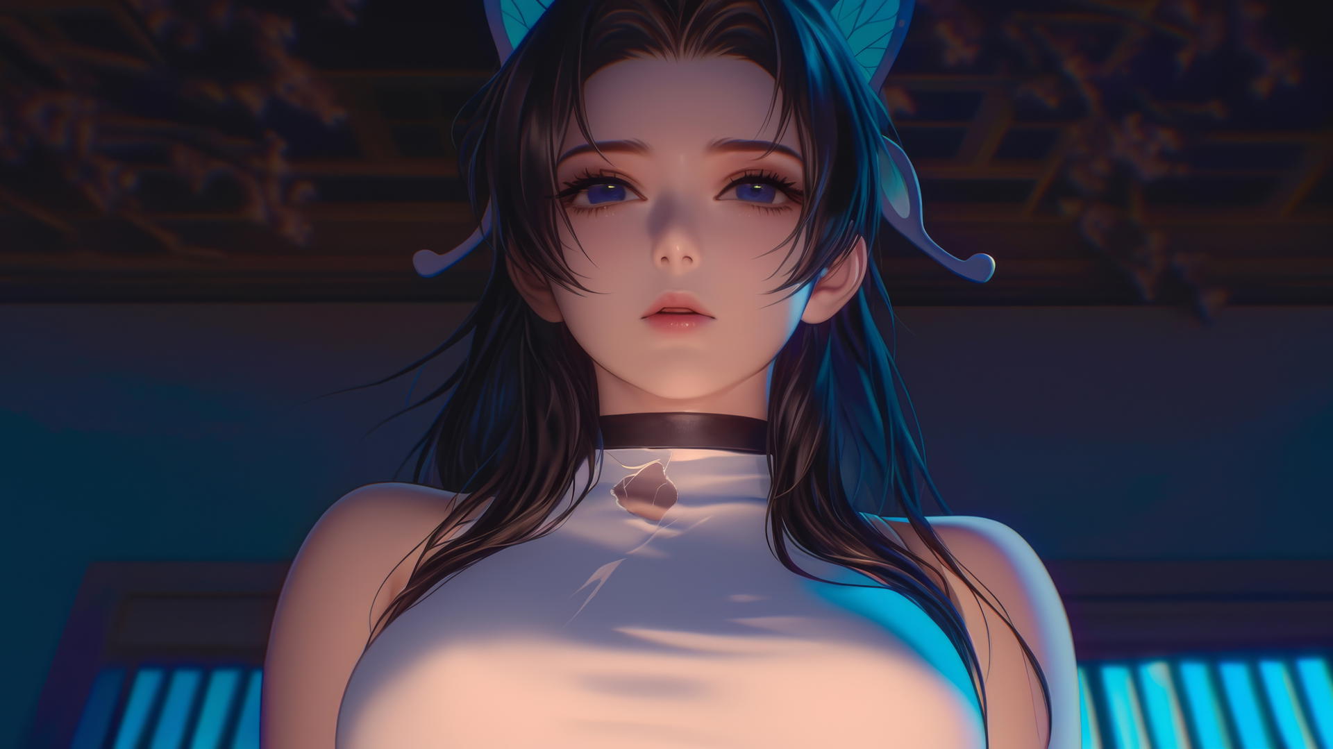 Shinobu Kocho from Demon Slayer in a broken white t-shirt, leaning and looking down with a warm, neon-lit hotel ceiling background.