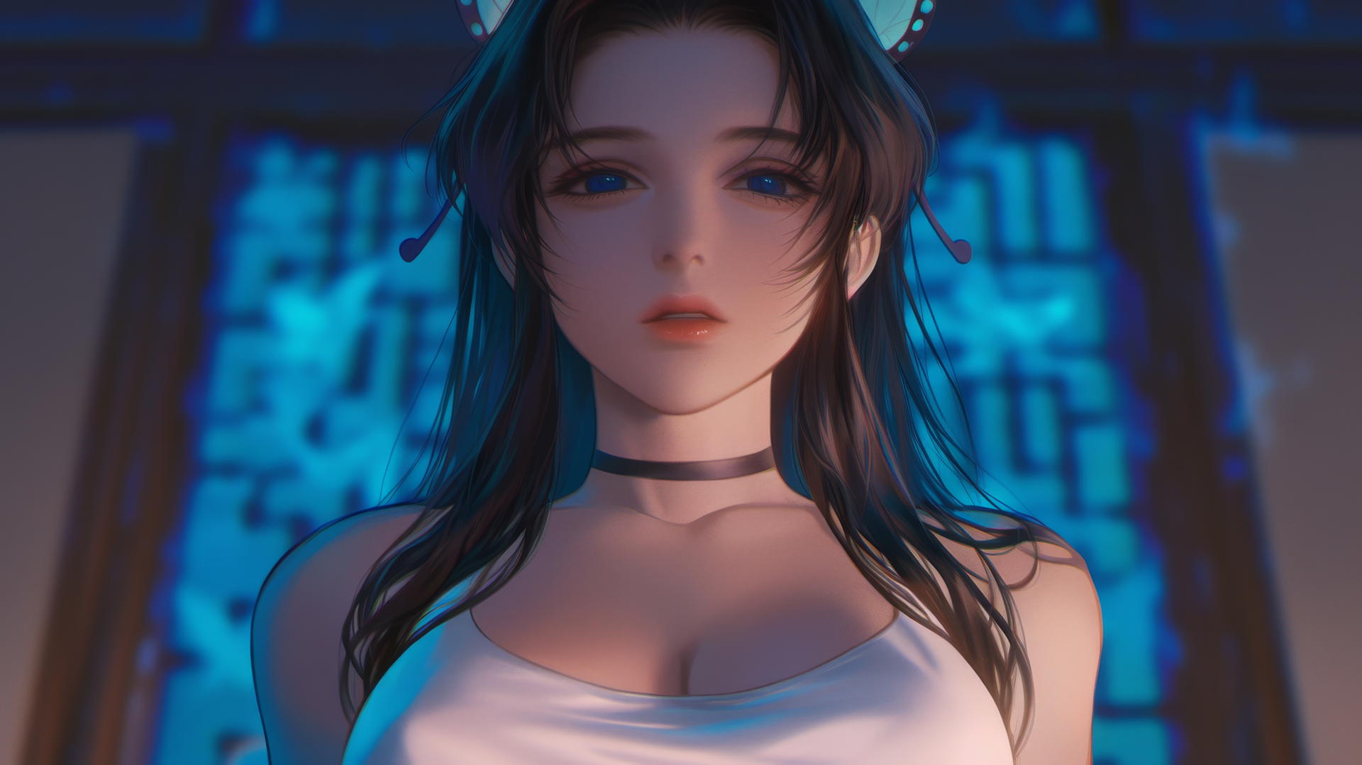 Shinobu Kocho from Demon Slayer kneeling, broken white t-shirt, neon glow.