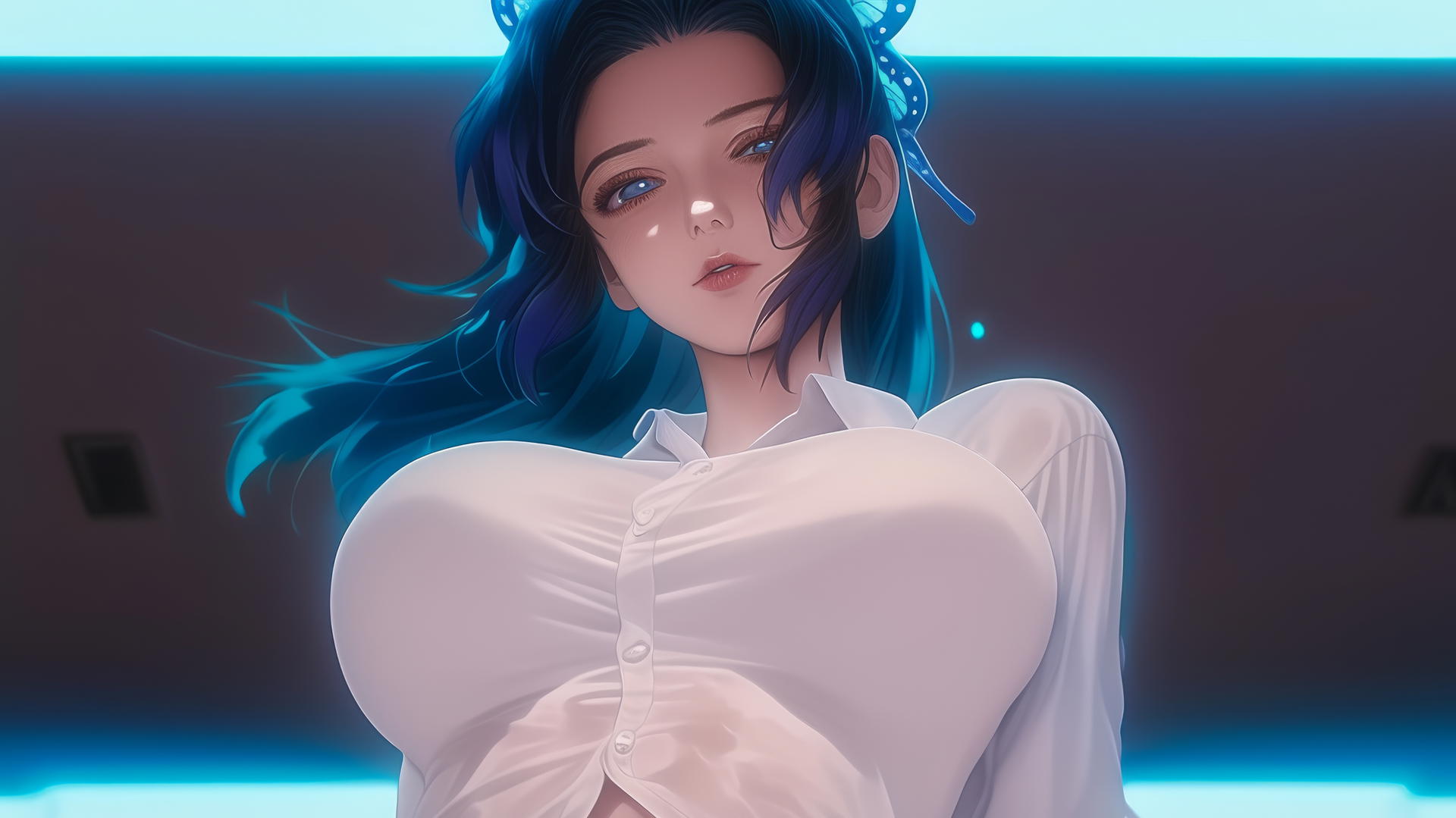Shinobu Kocho from Demon Slayer leaning toward viewer under warm hotel ceiling lights.