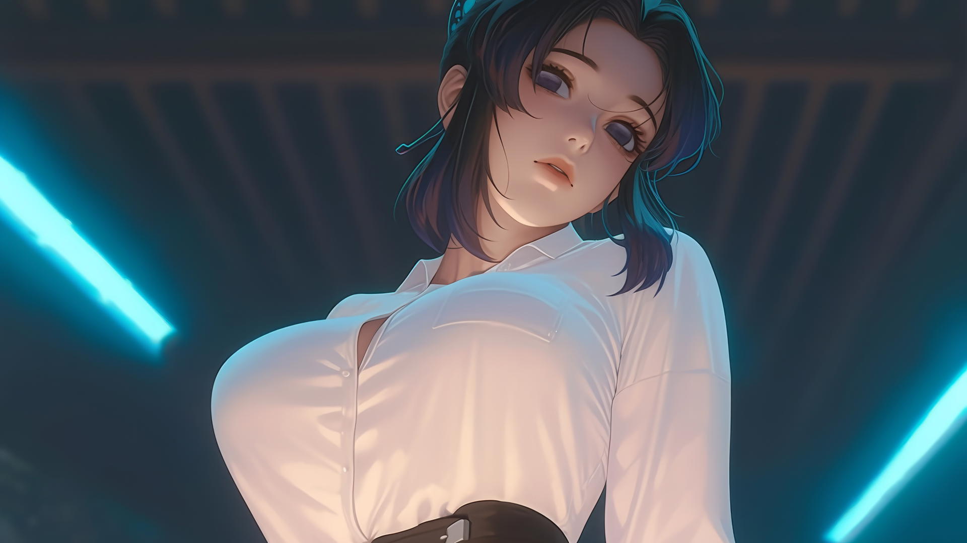 Shinobu Kocho from Demon Slayer, kneeling and looking down, with a hotel ceiling background