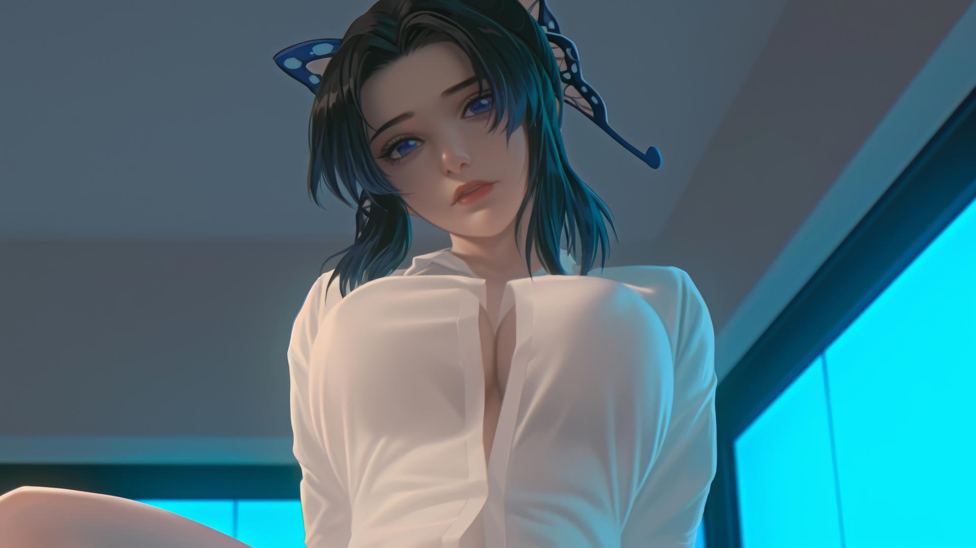 Shinobu Kocho from Demon Slayer in a broken white office shirt, leaning and looking down, with warm and neon lights from a hotel ceiling in the background.