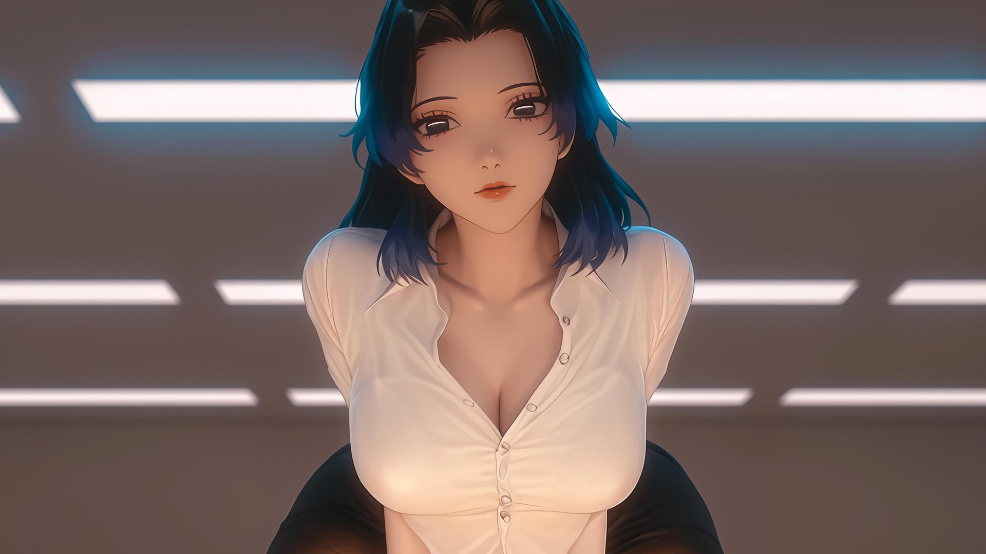 Shinobu Kocho from Demon Slayer, leaning and looking down, broken white office shirt, warm neon light glow