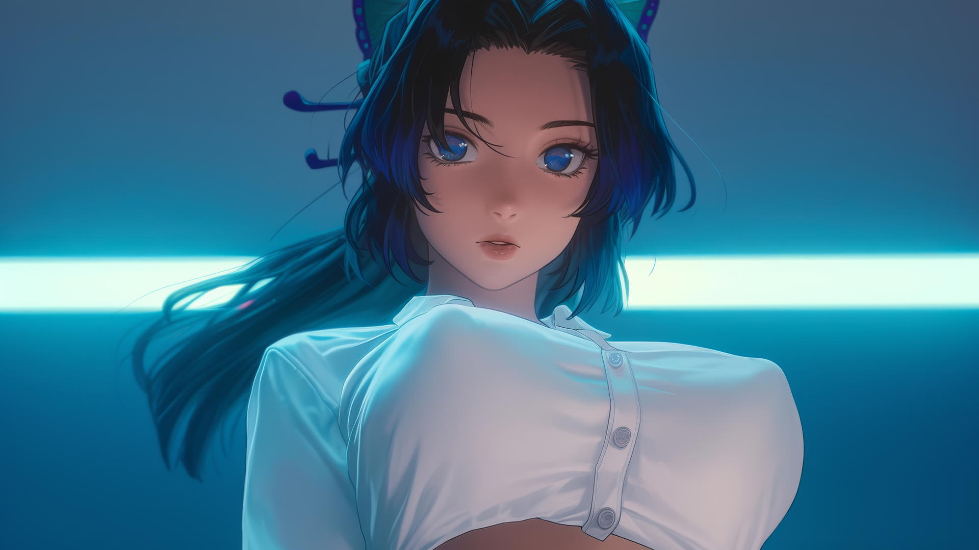 Shinobu Kocho from Demon Slayer kneeling, looking down with warm neon lighting and hotel ceiling.