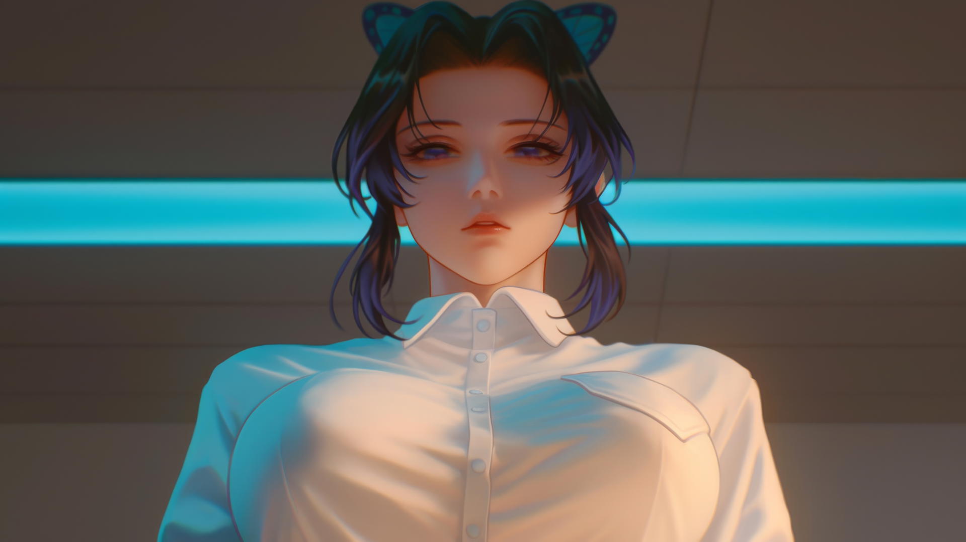Shinobu Kocho from Demon Slayer, in a broken white shirt, leaning down with a hotel ceiling in the background.