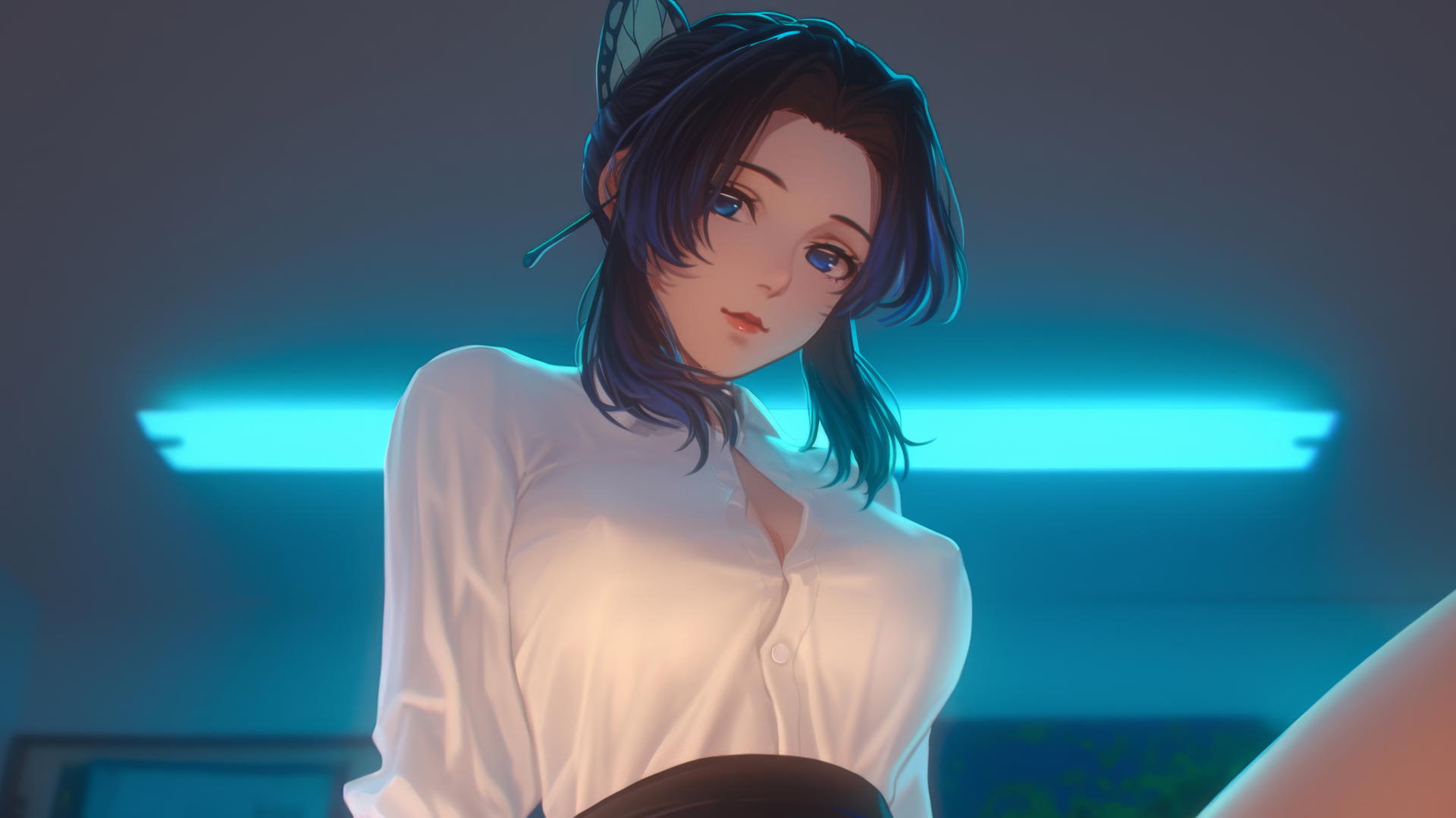 Shinobu Kocho from Demon Slayer kneeling, looking down with neon lights on hotel ceiling
