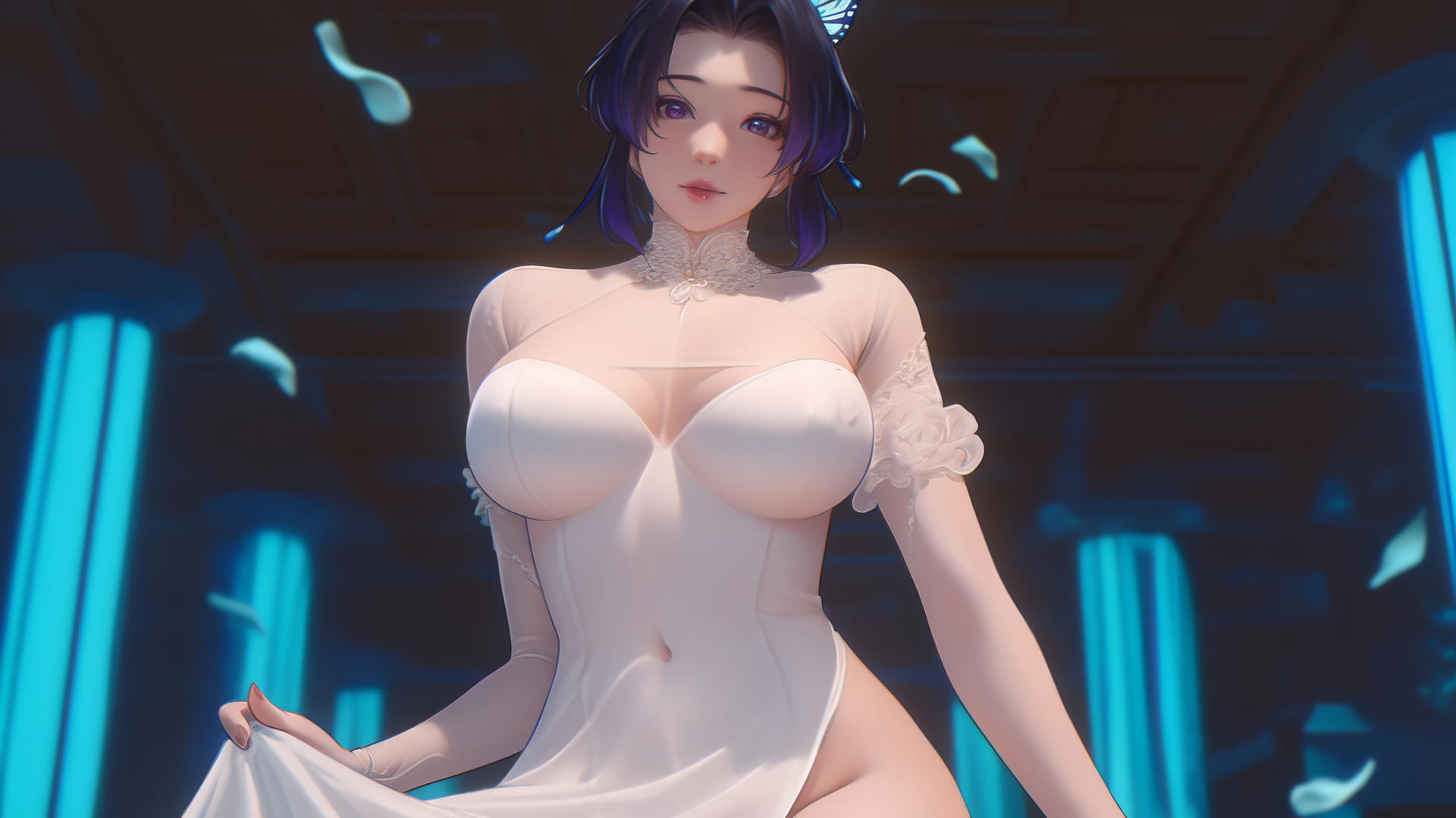 Shinobu Kocho in wedding dress, kneeling, looking down, hotel ceiling background.