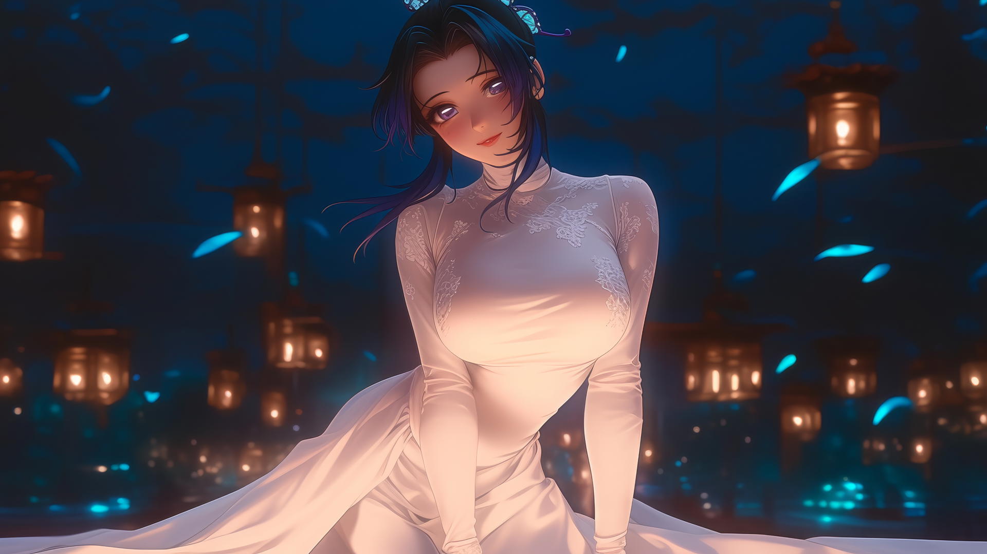 Shinobu Kocho from Demon Slayer in a wedding dress, seen from below, under warm hotel ceiling lights.