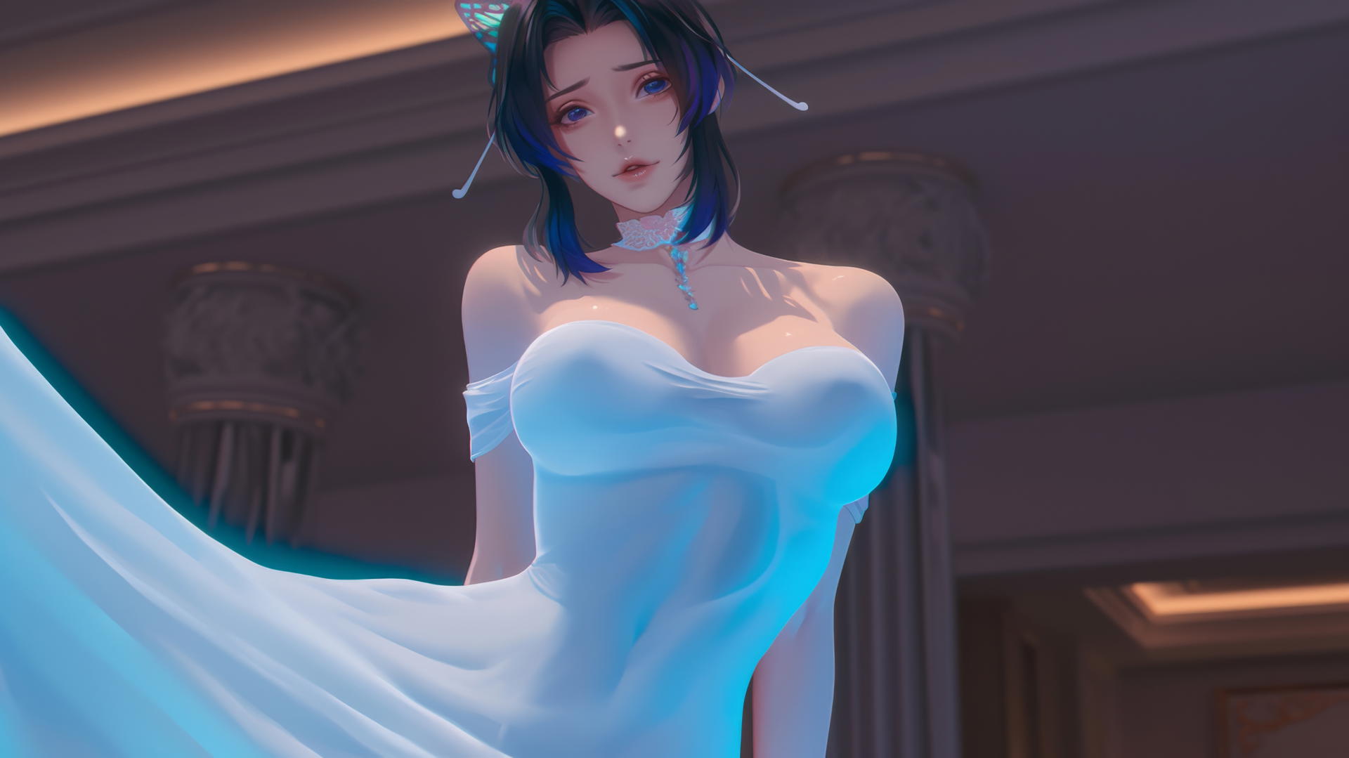 Shinobu Kocho from Demon Slayer in wedding dress, kneeling with warm neon light.