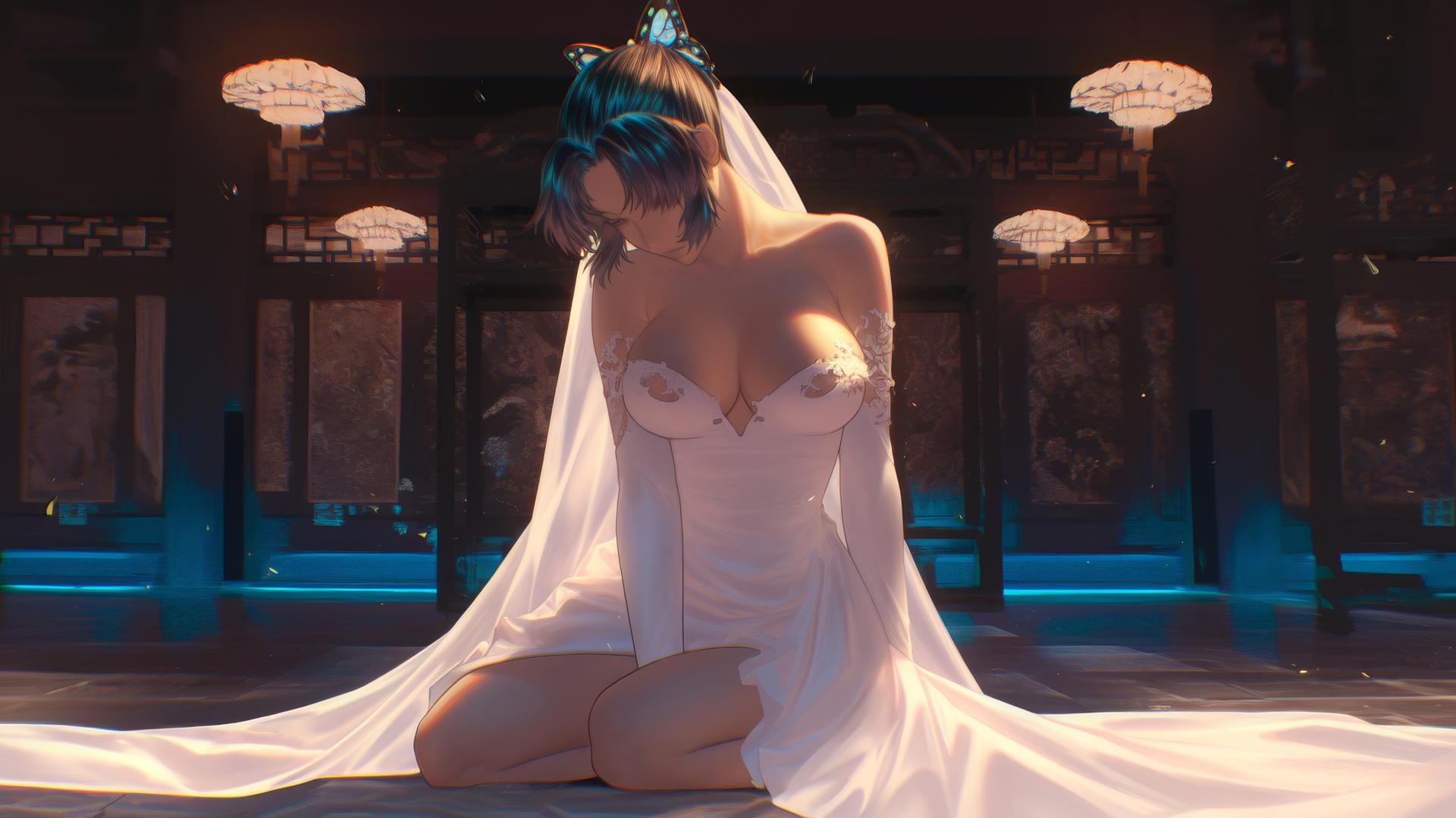 Shinobu Kocho from Demon Slayer in a wedding dress, seen from below, warm and neon light glow.