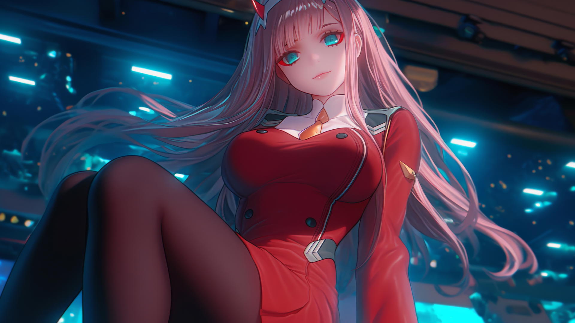 Zero Two from DARLING in the FRANXX with long pink hair, neon-lit hotel ceiling background, kneeling.