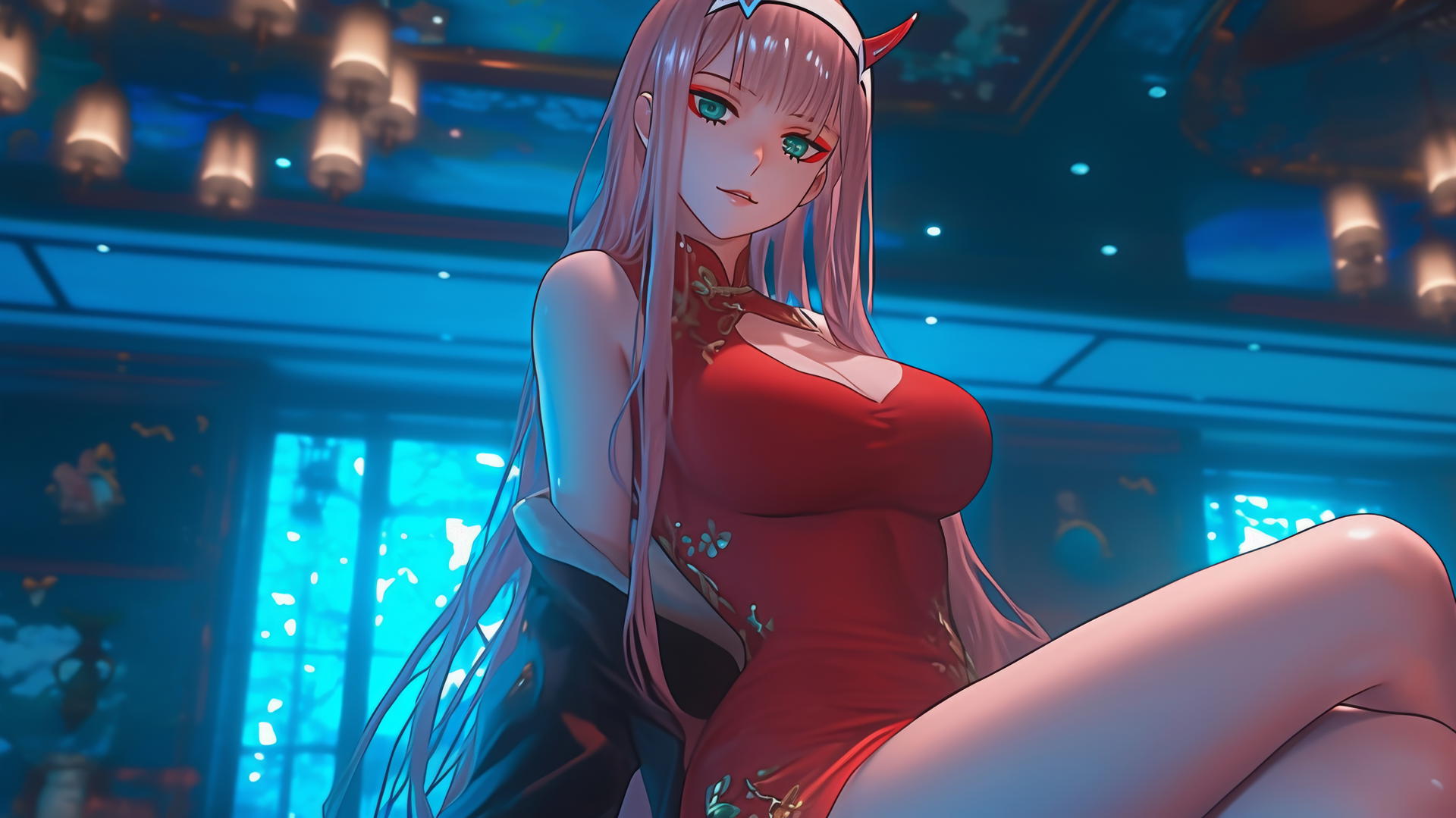 Zero Two from DARLING in the FRANXX kneeling, looking down, warm neon-lit ceiling.