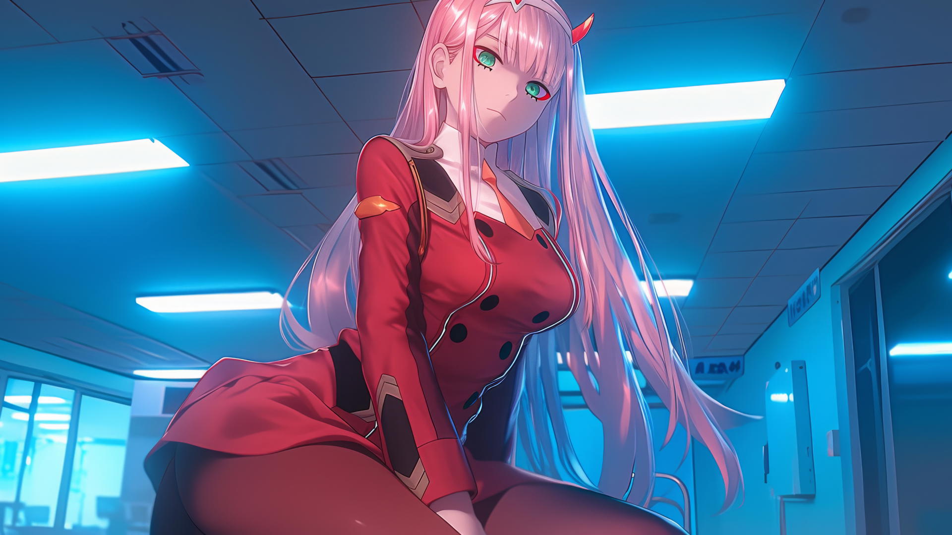 Zero Two from DARLING in the FRANXX with long pink hair, neon-lit hotel ceiling as background
