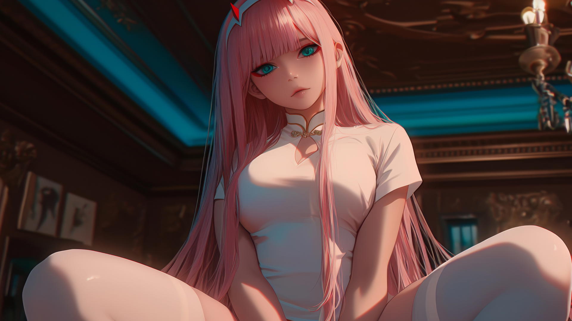 Zero Two from DARLING in the FRANXX seen from below with pink hair, warm light, neon glow