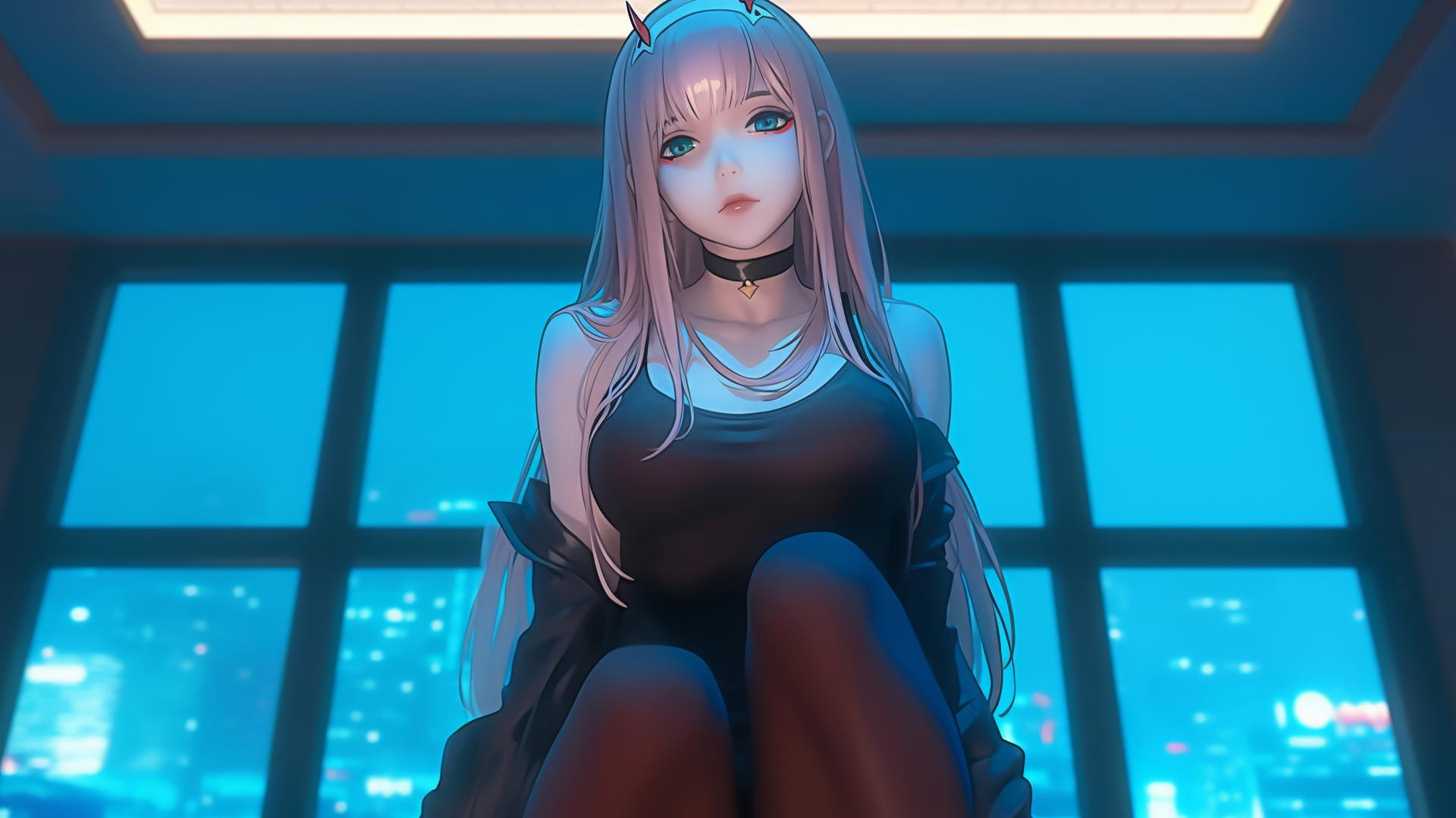 Zero Two from DARLING in the FRANXX, long pink hair, leaning down, hotel ceiling background
