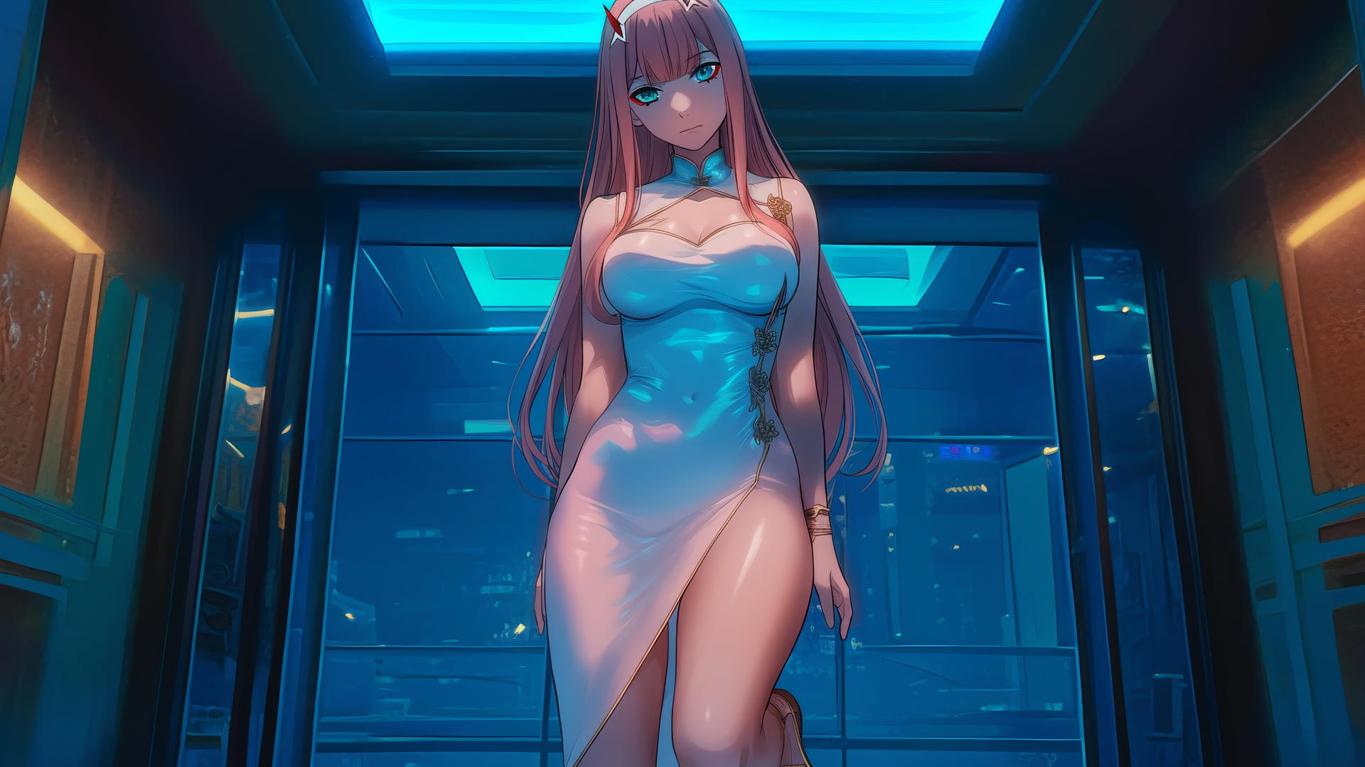 Zero Two from DARLING in the FRANXX with long pink hair, kneeling and looking down.