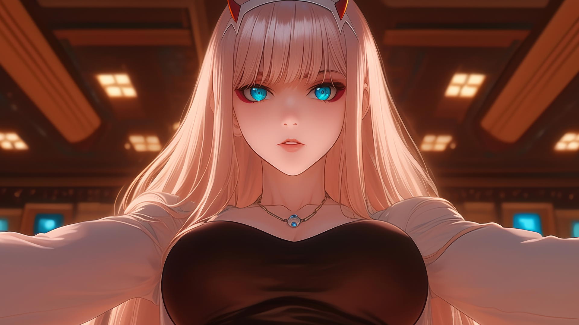 Zero Two from DARLING in the FRANXX, pink hair, hotel ceiling background