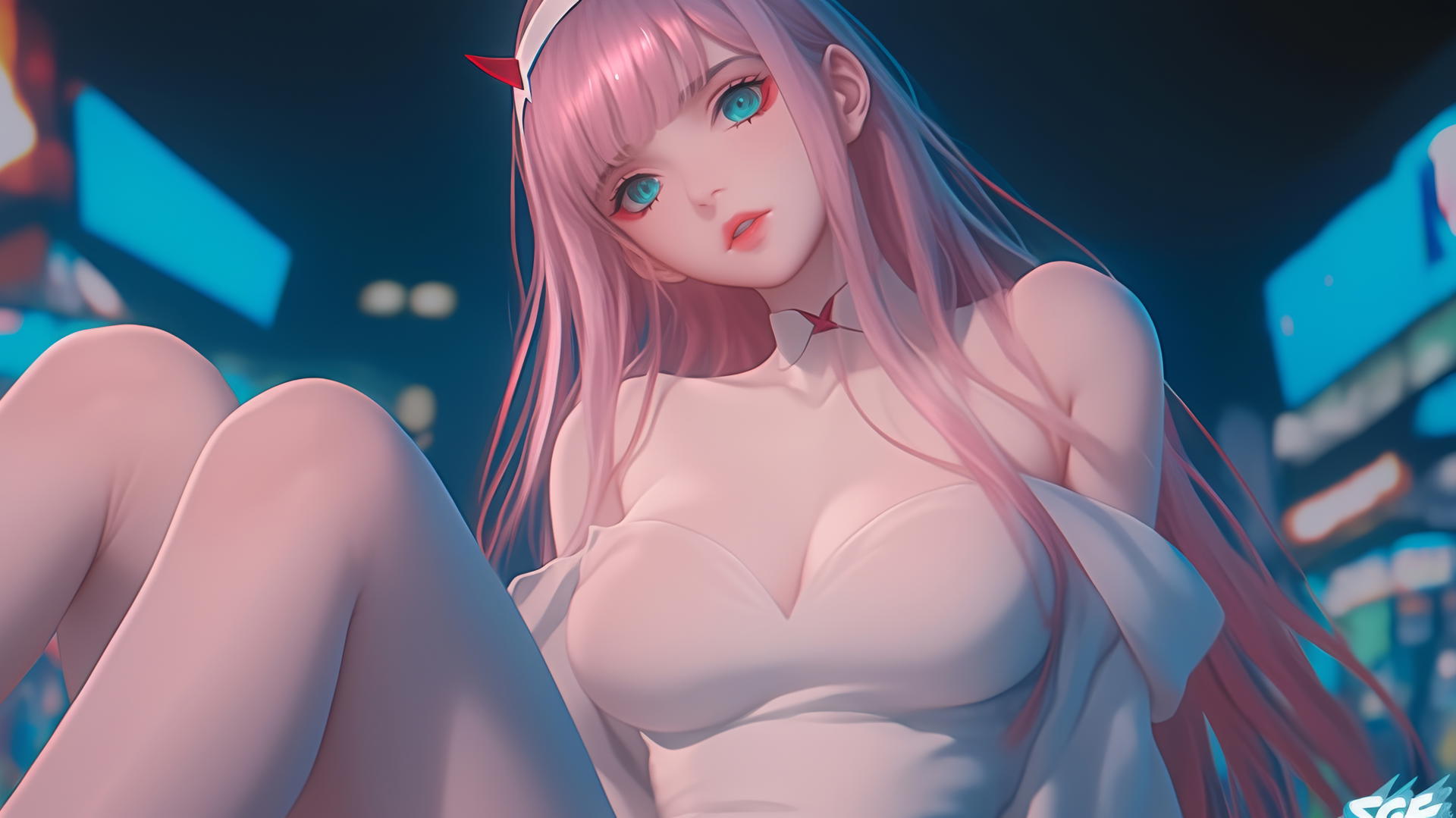 Zero Two from DARLING in the FRANXX, pink hair, leaning, hotel ceiling background