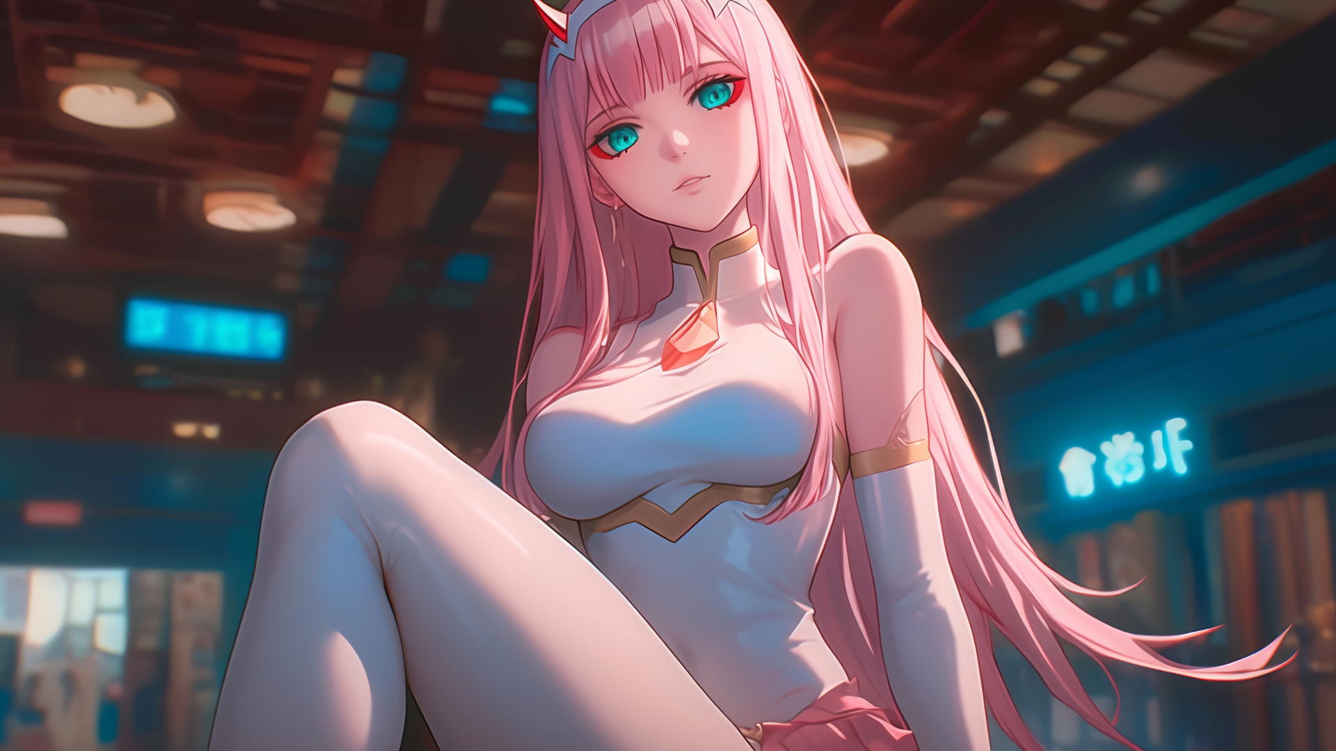 Zero Two from DARLING in the FRANXX looking down, long pink hair, hotel ceiling.
