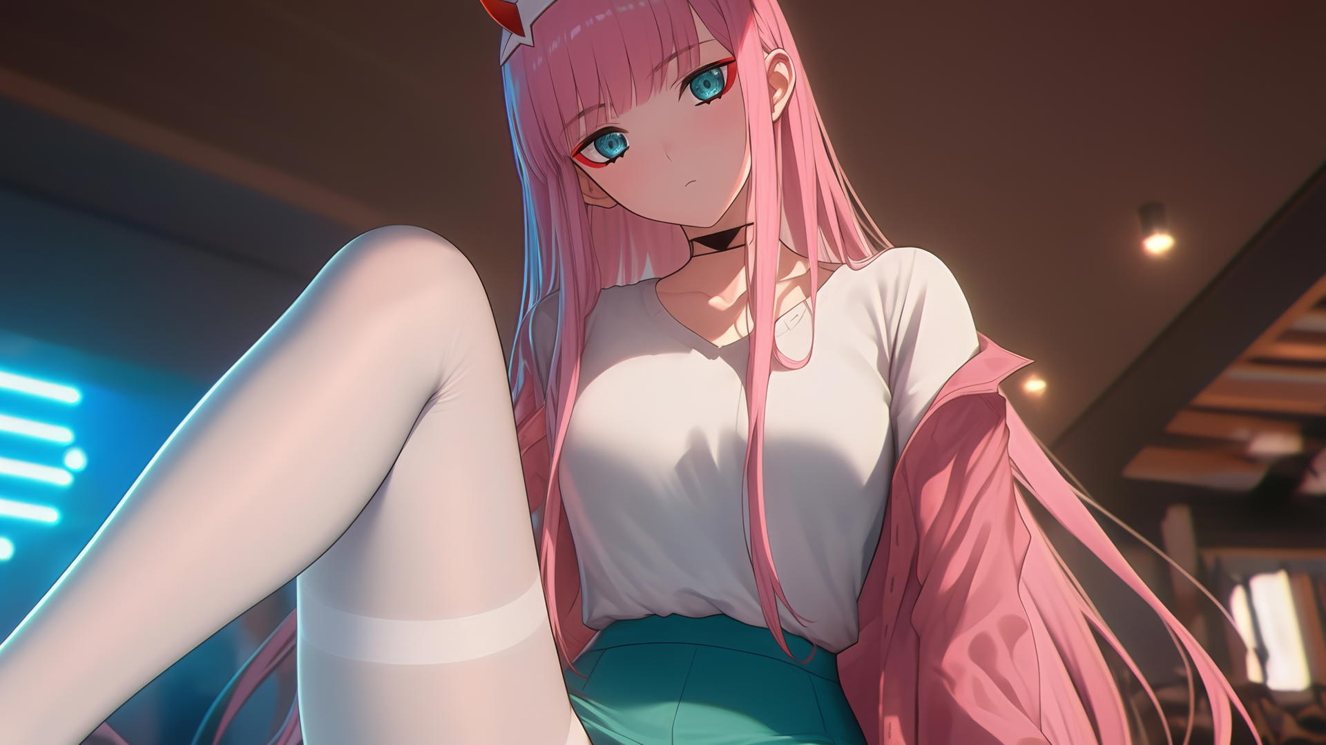 Zero Two from DARLING in the FRANXX with long pink hair, seen from below, in warm and neon light.