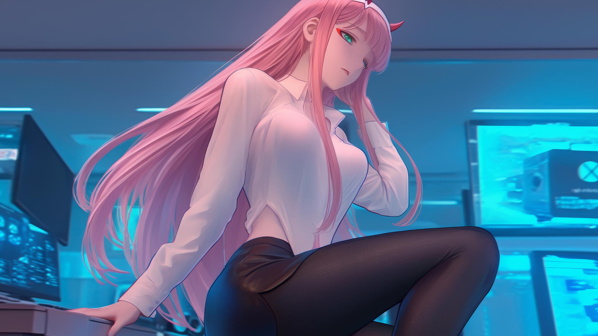 Zero Two from DARLING in the FRANXX kneeling, looking down with long pink hair, hotel ceiling background.