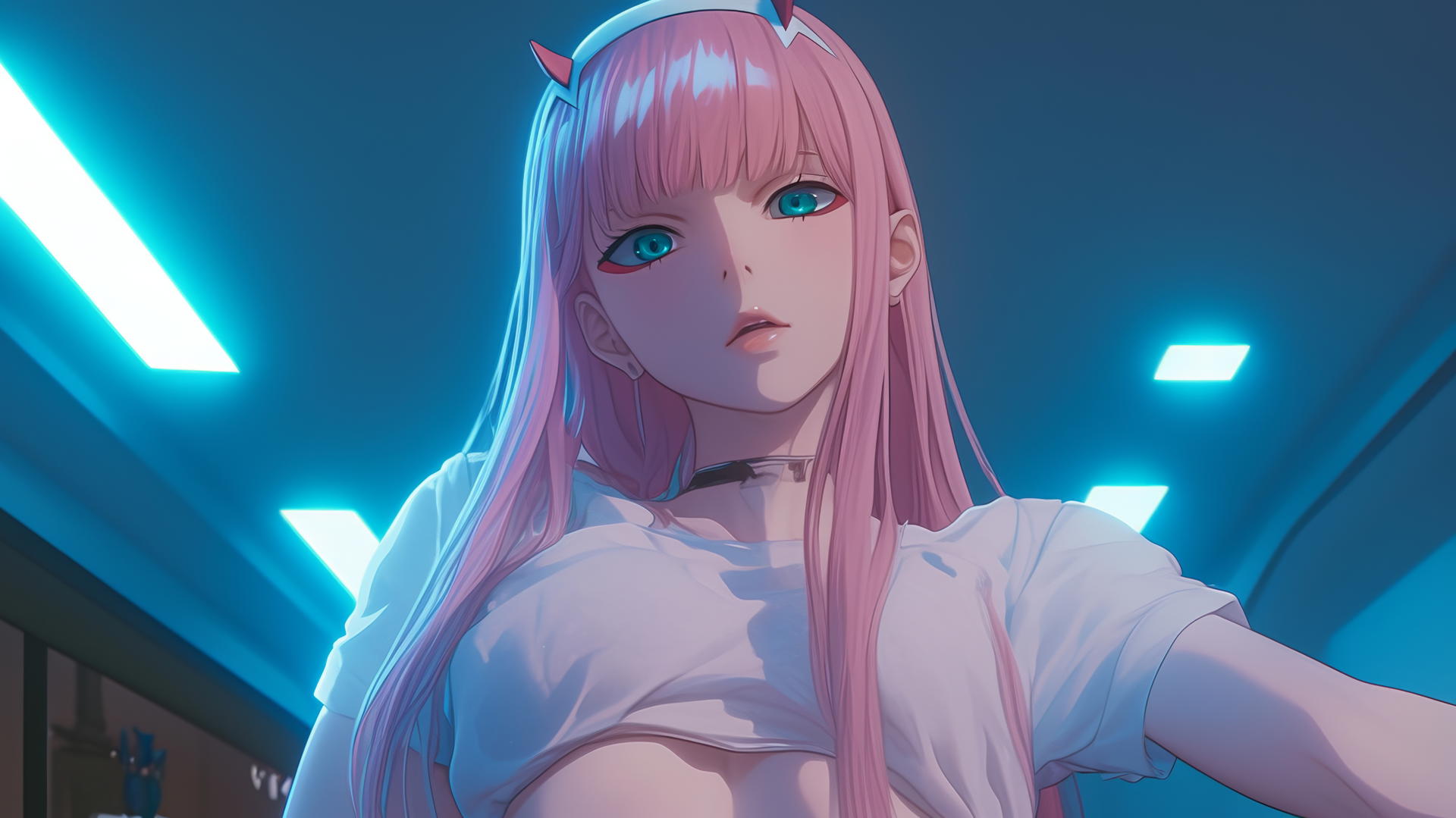 Zero Two from DARLING in the FRANXX, long pink hair, neon-lit hotel ceiling