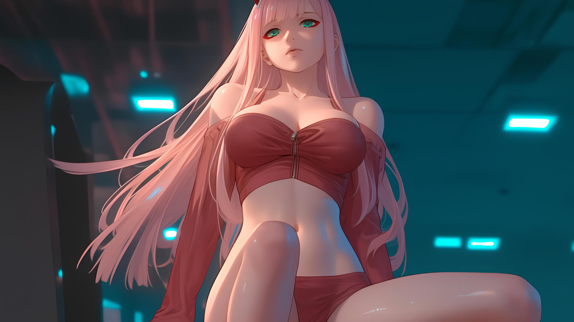 Zero Two from DARLING in the FRANXX, long pink hair, warm and neon ceiling lights, looking down