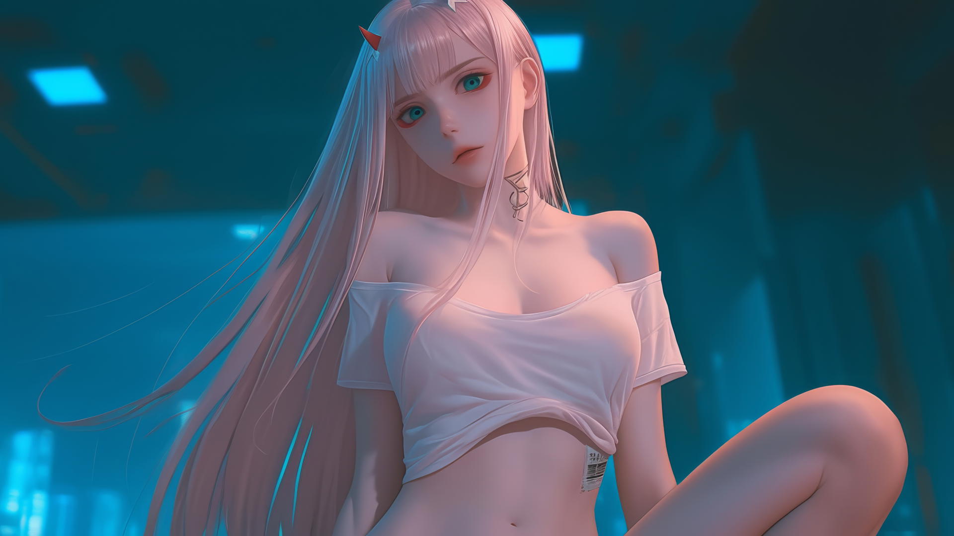 Zero Two from DARLING in the FRANXX seen from below, kneeling, looking down, with pink hair and white t-shirt under warm and neon hotel ceiling lights.