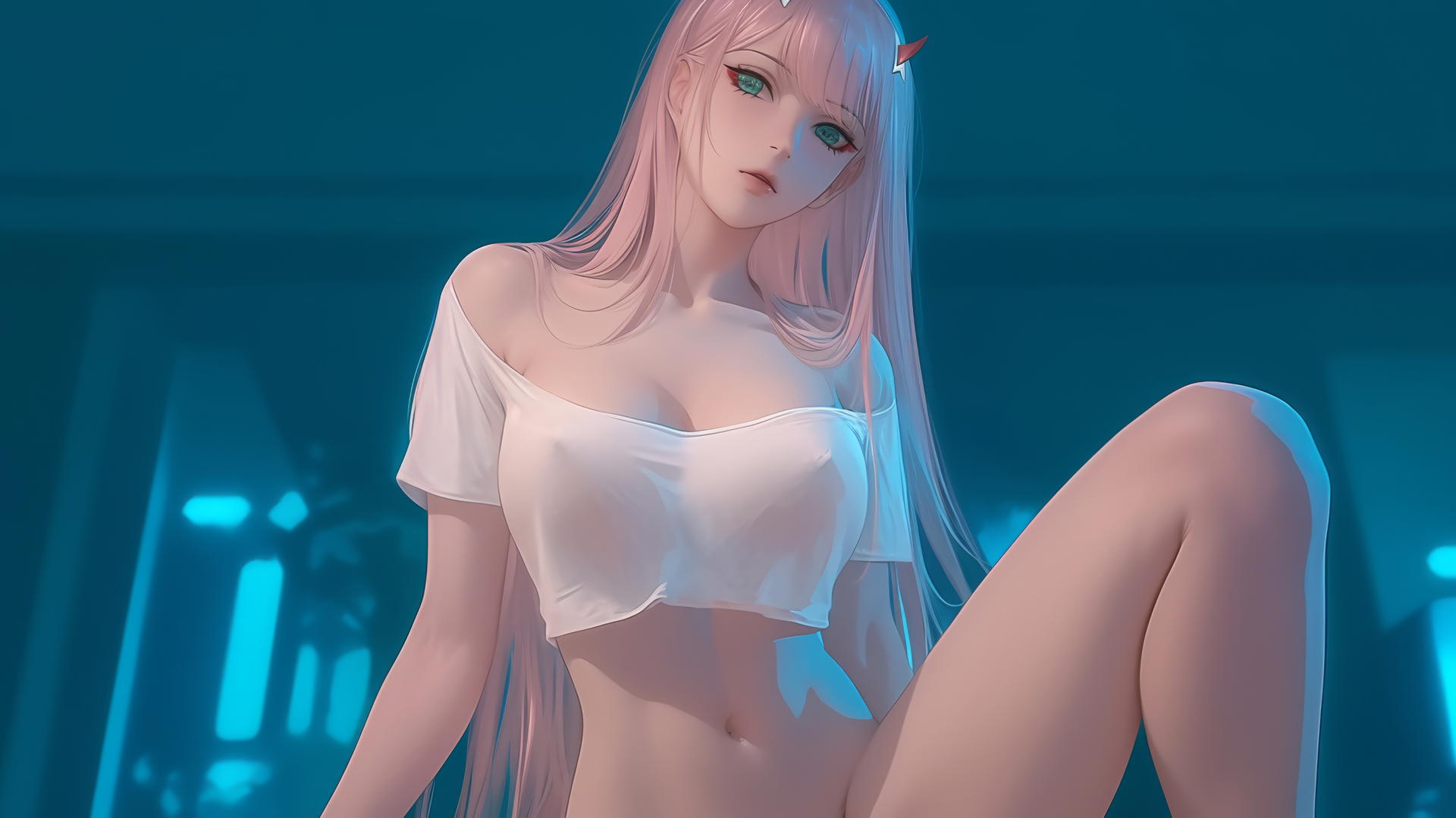 Zero Two from DARLING in the FRANXX, kneeling, wearing broken white t-shirt, seen from below with hotel ceiling background.