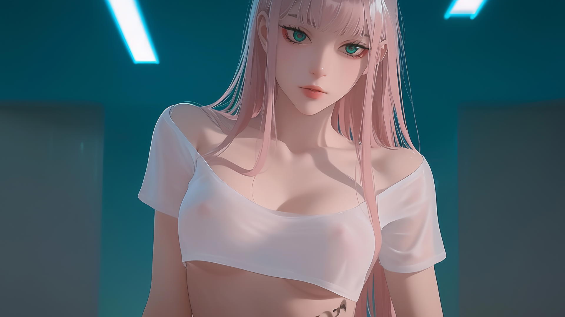 Zero Two from DARLING in the FRANXX in broken white t-shirt, kneeling with long pink hair, under warm neon light from hotel ceiling.