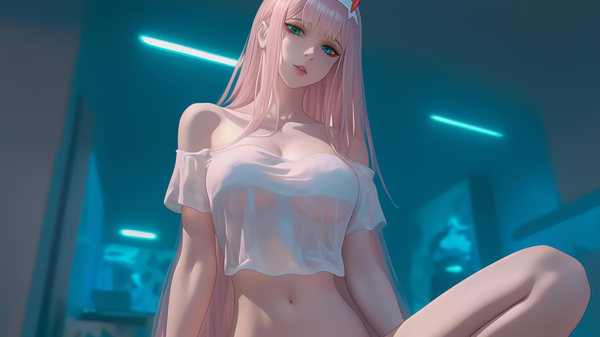 Zero Two from DARLING in the FRANXX with long pink hair, kneeling, seen from below, under warm hotel ceiling lights