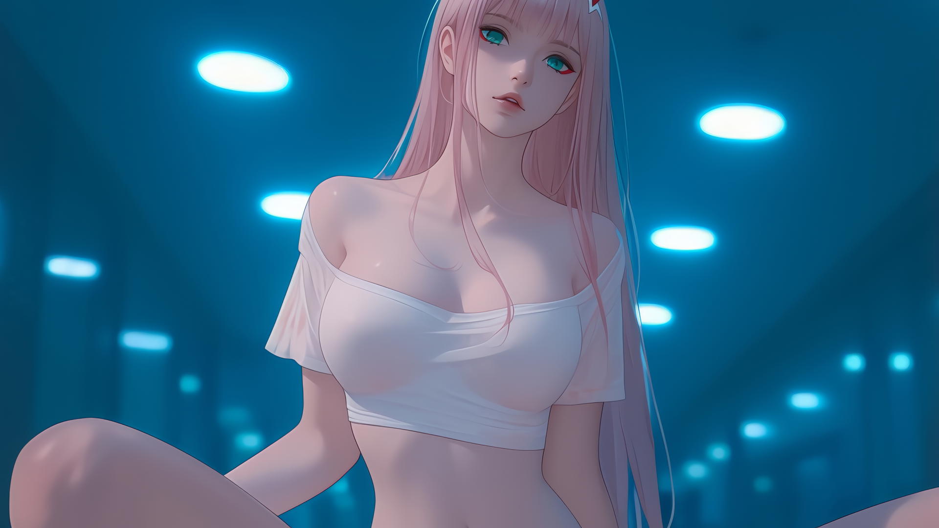 Zero Two from DARLING in the FRANXX kneeling in a broken white t-shirt with neon lights casting a soft glow.