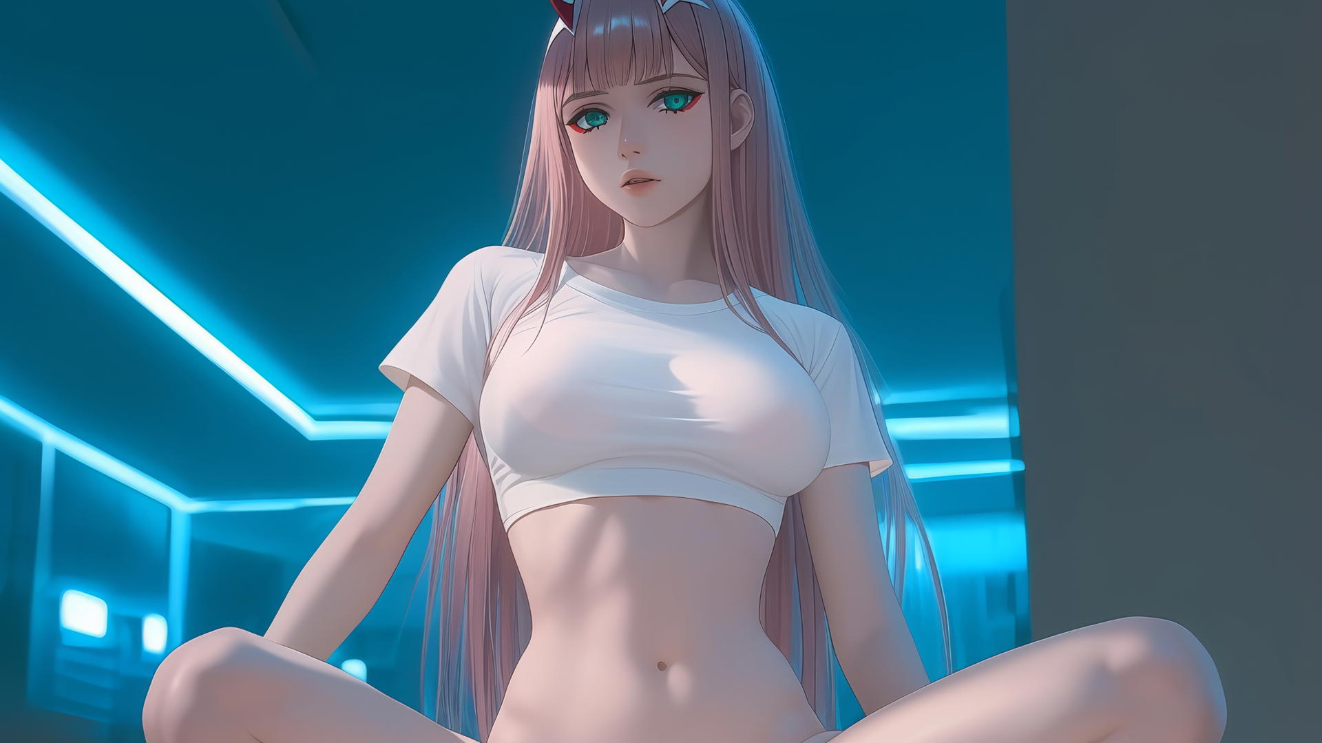 Zero Two from DARLING in the FRANXX kneeling with pink hair, leaning forward, seen from below with hotel ceiling background.