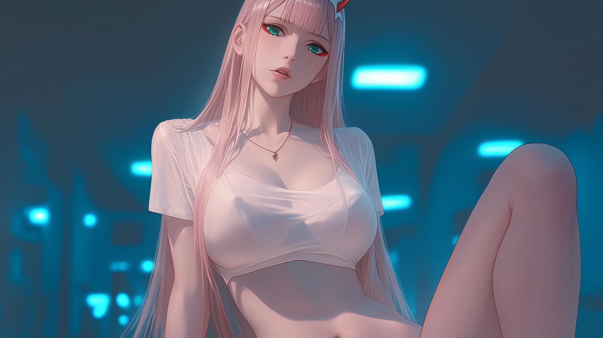 Zero Two from DARLING in the FRANXX kneeling and leaning with warm neon lighting