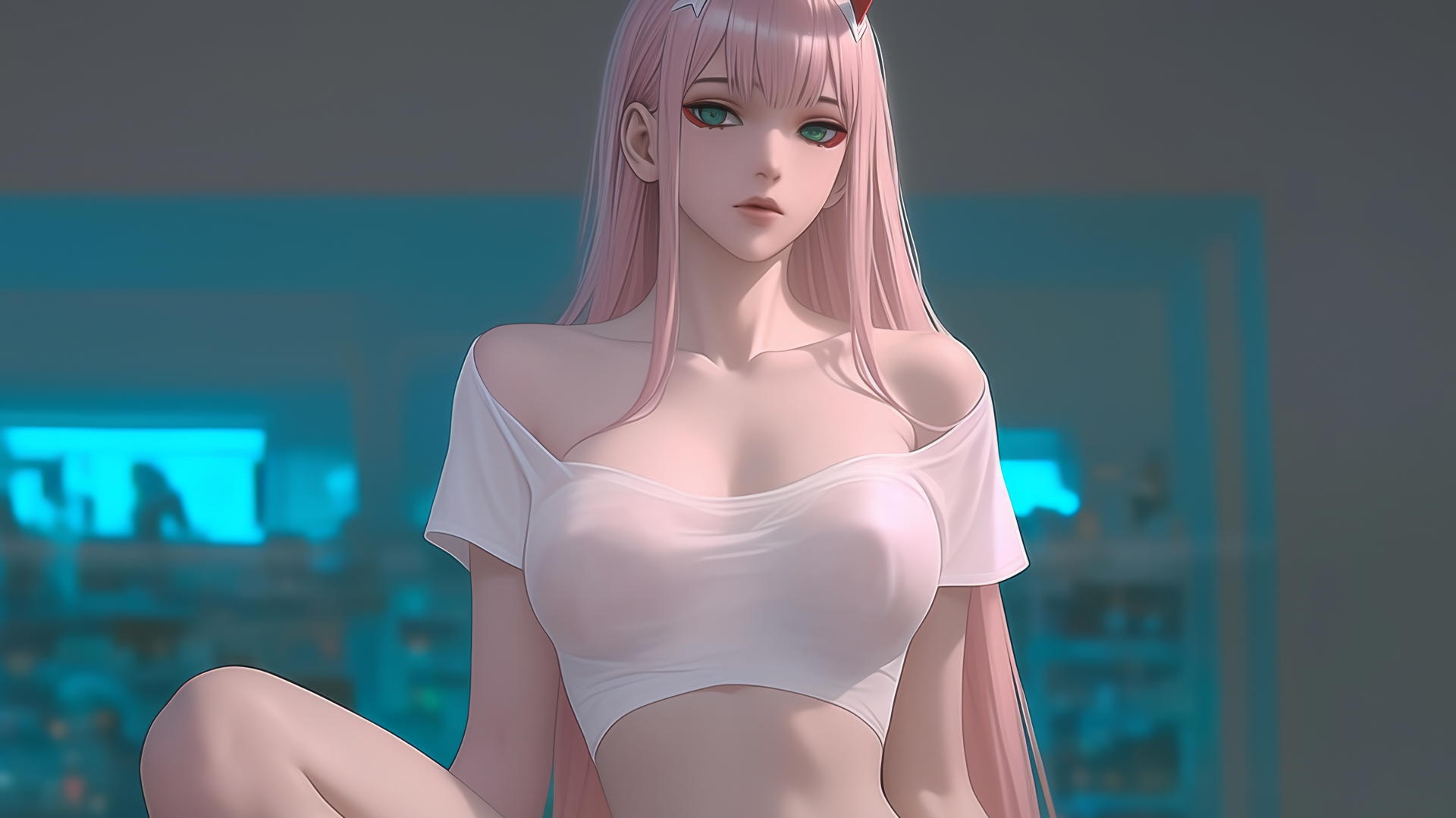 Zero Two from DARLING in the FRANXX kneeling, looking down with pink hair, warm and neon lights.