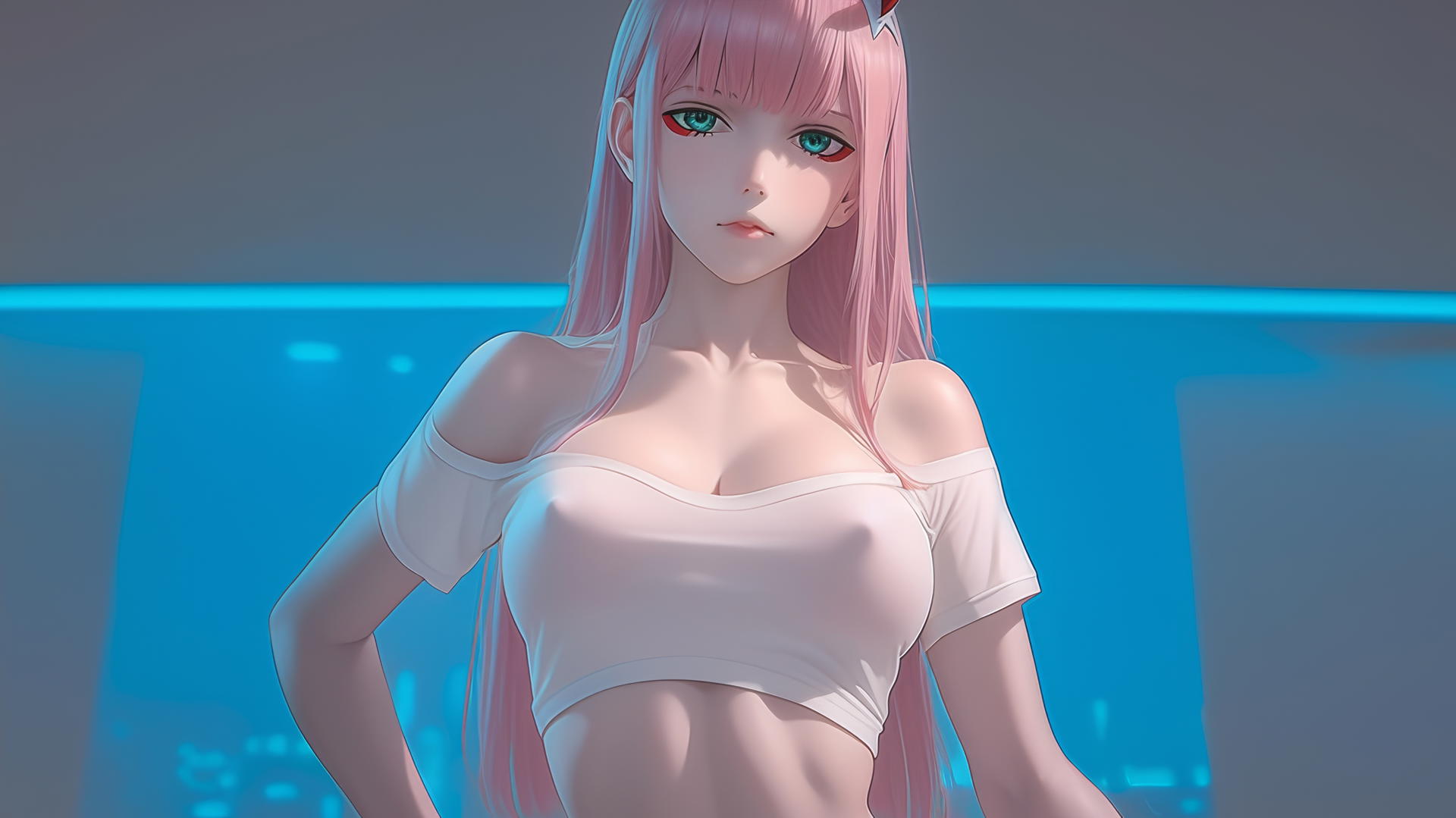 Zero Two from DARLING in the FRANXX, in a white t-shirt, leaning and looking down with neon-lit hotel ceiling background.