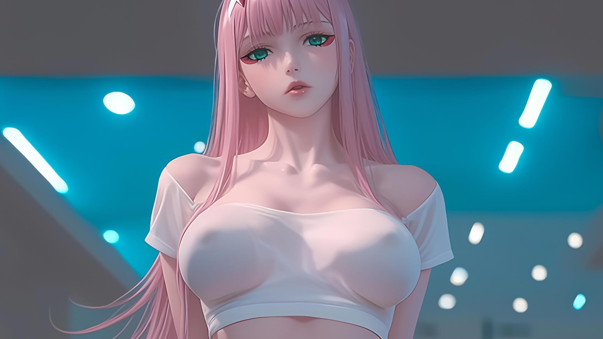 Zero Two from DARLING in the FRANXX with long pink hair, leaning down in a hotel with neon-lit ceiling lighting.