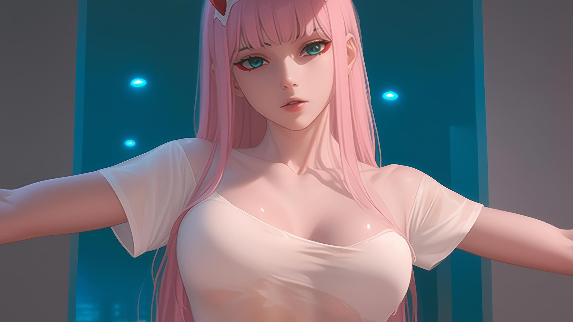 Zero Two from DARLING in the FRANXX with long pink hair, wearing a broken white t-shirt, kneeling and leaning forward under a hotel ceiling with warm, neon lighting.