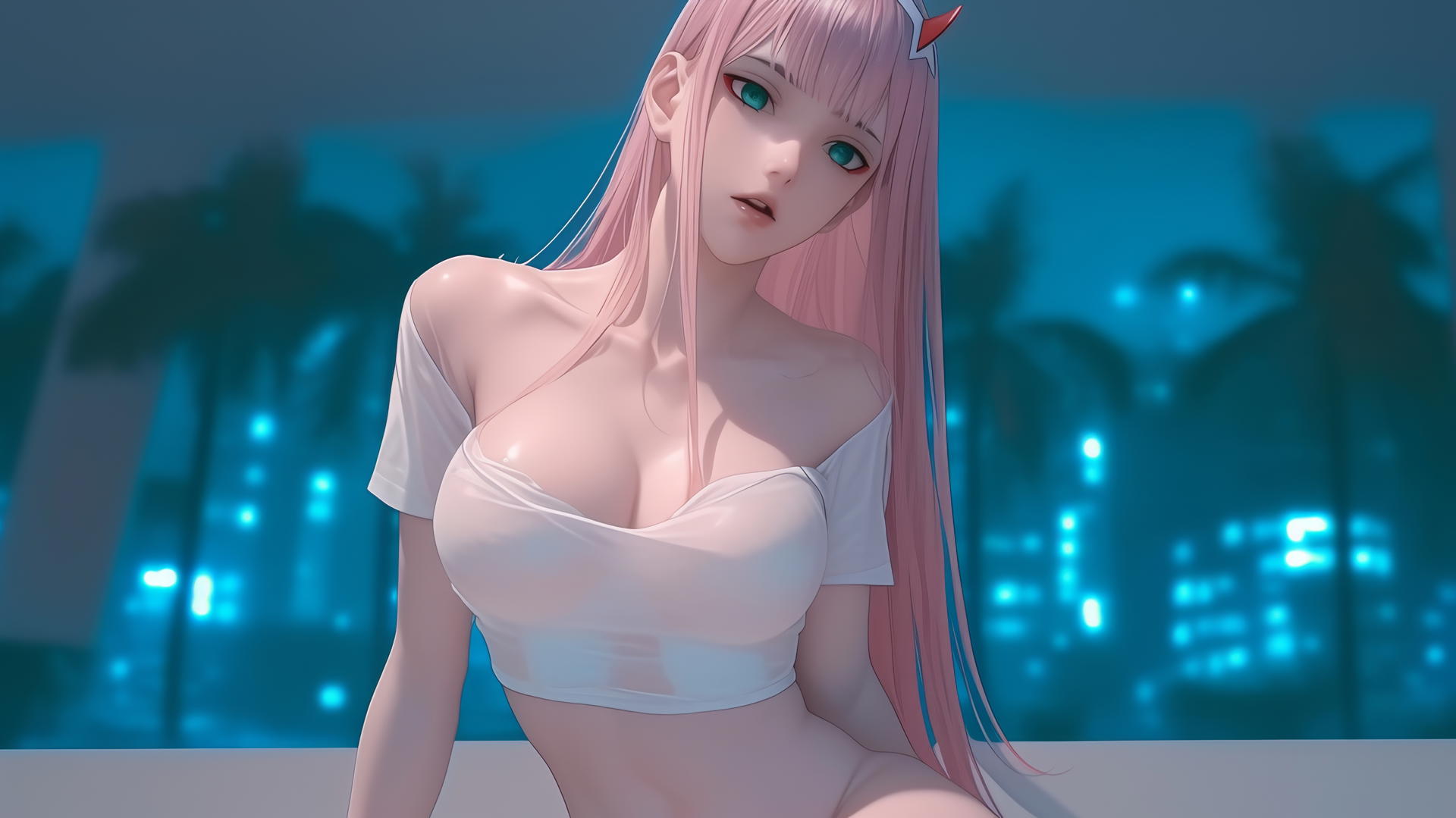 Zero Two from DARLING in the FRANXX with long pink hair, leaning and looking down, hotel ceiling background.