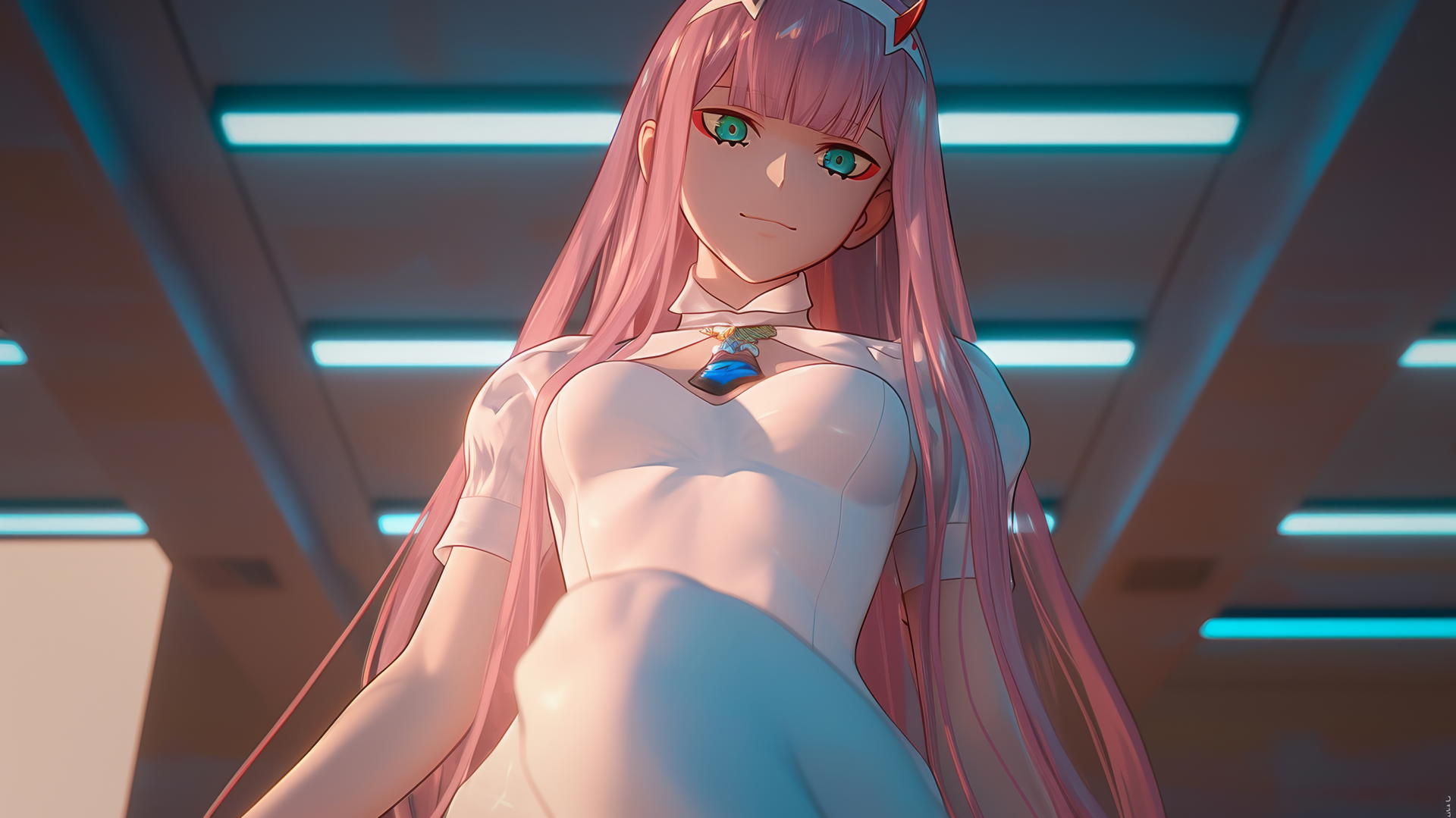 Zero Two from DARLING in the FRANXX seen from below with pink hair and hotel ceiling.