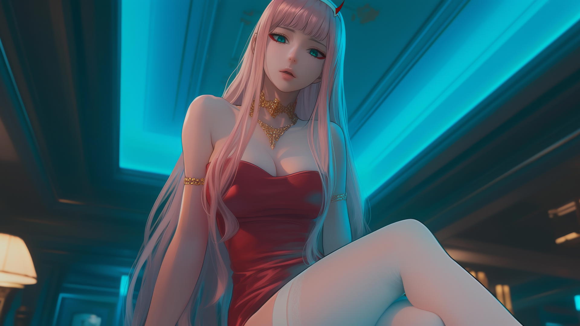 Zero Two from DARLING in the FRANXX kneeling, looking down with neon-lit hotel ceiling background.