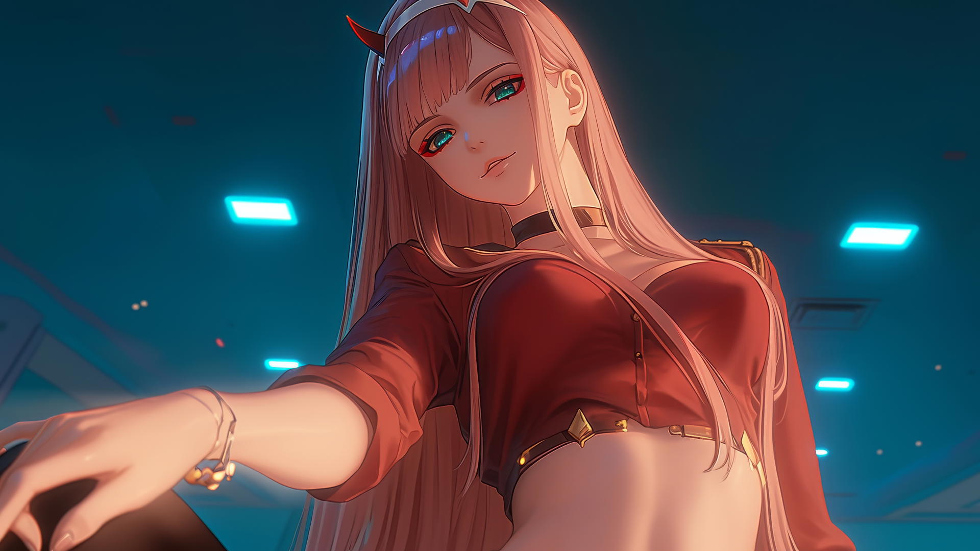 Zero Two from DARLING in the FRANXX, viewed from below, with long pink hair, warm hotel ceiling lighting, neon glow