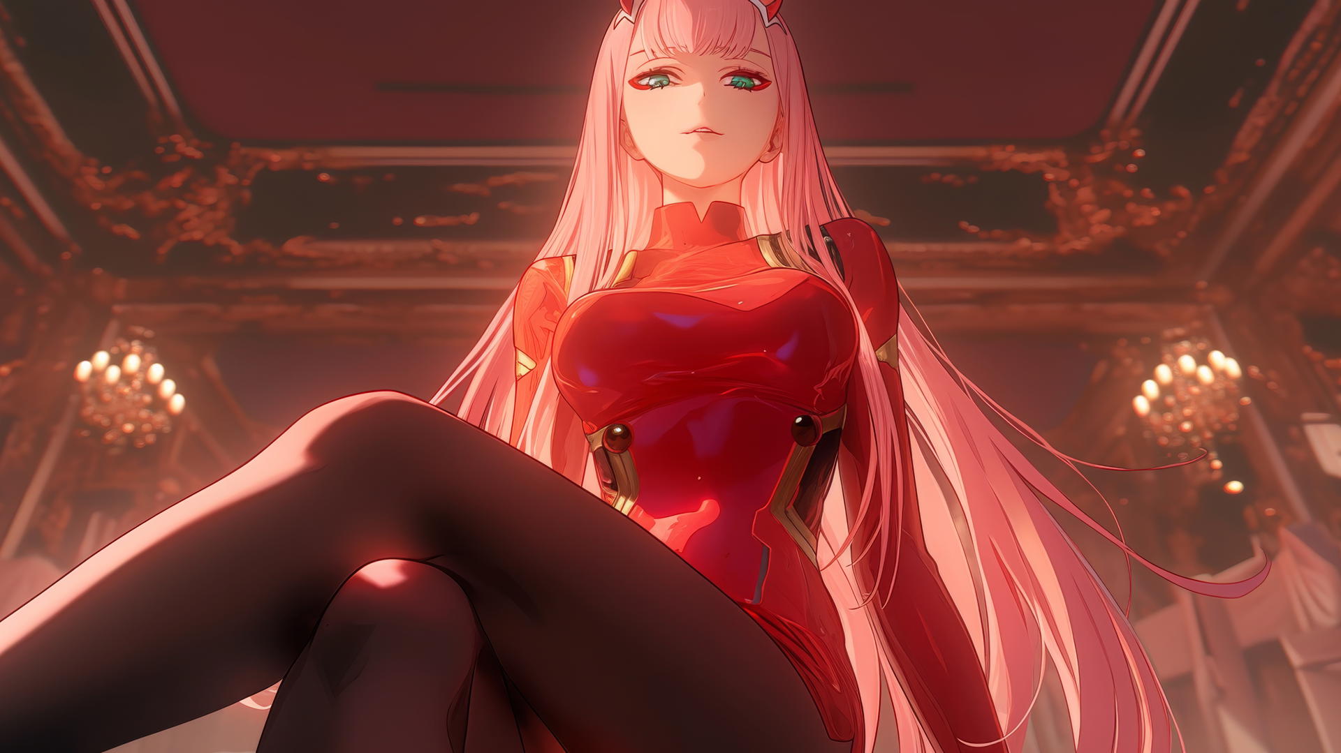 Zero Two from DARLING in the FRANXX with pink hair, leaning down in warm, neon lighting.