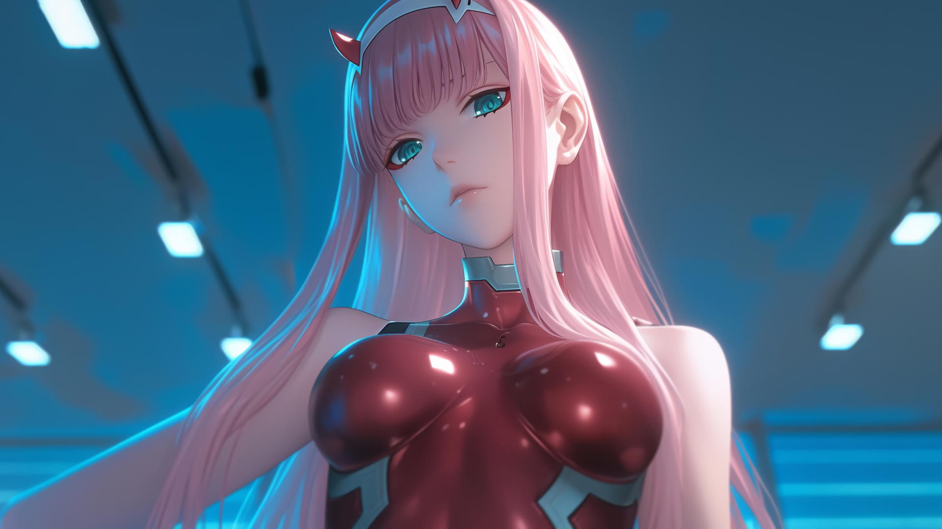 Zero Two from DARLING in the FRANXX with pink hair kneeling under warm neon lights.