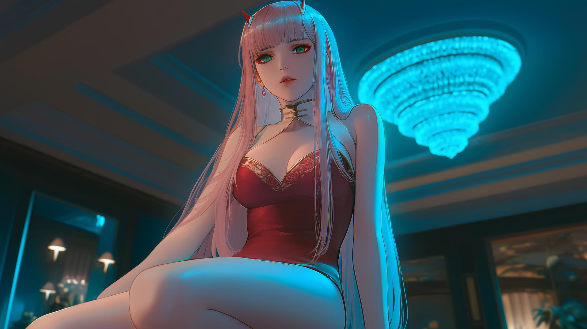 Zero Two from DARLING in the FRANXX, seen from below, leaning with pink hair, hotel ceiling.
